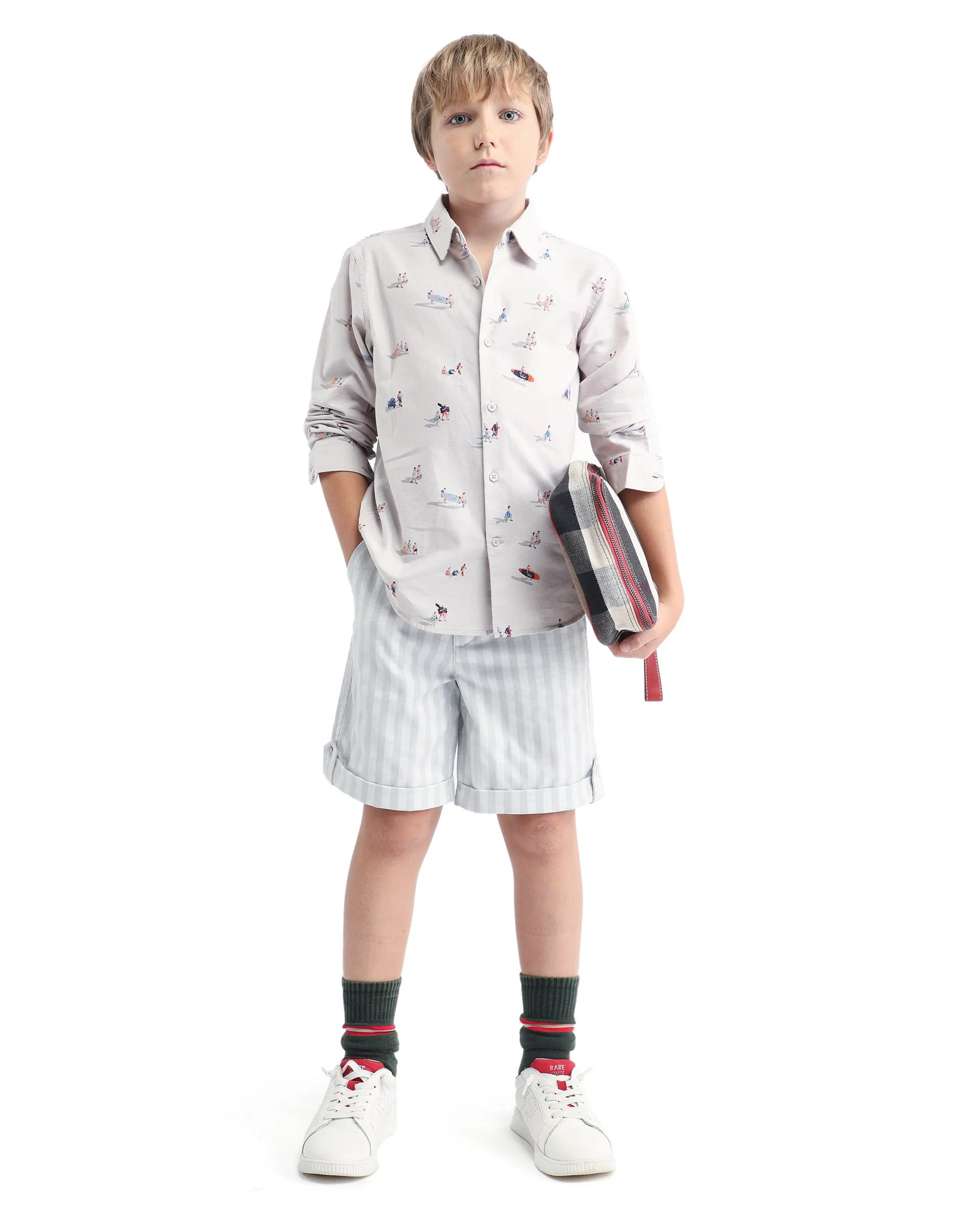Rare Ones Kids Danni Light Grey Polyester Striped Button & Zip Closure Regular Fit Shorts