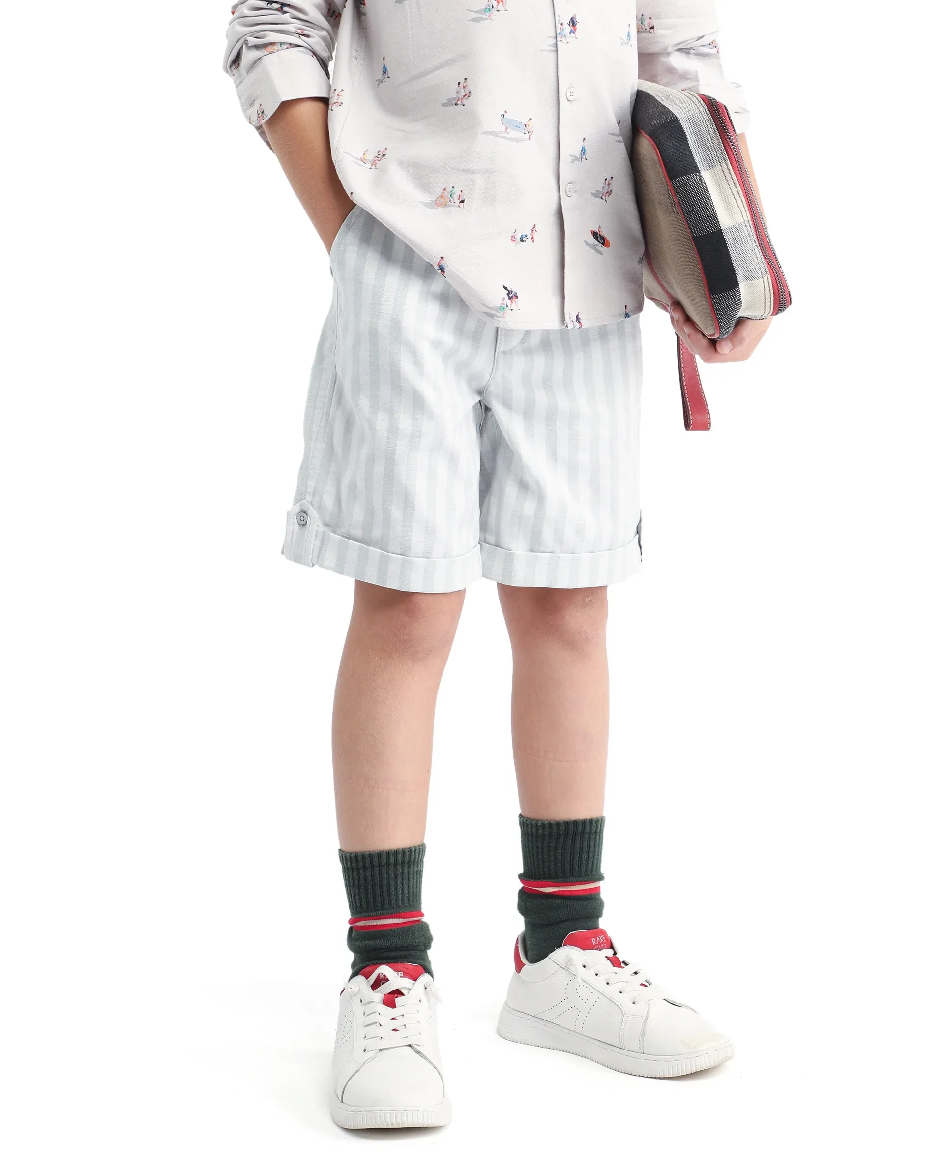 Rare Ones Kids Danni Light Grey Polyester Striped Button & Zip Closure Regular Fit Shorts - Image 2