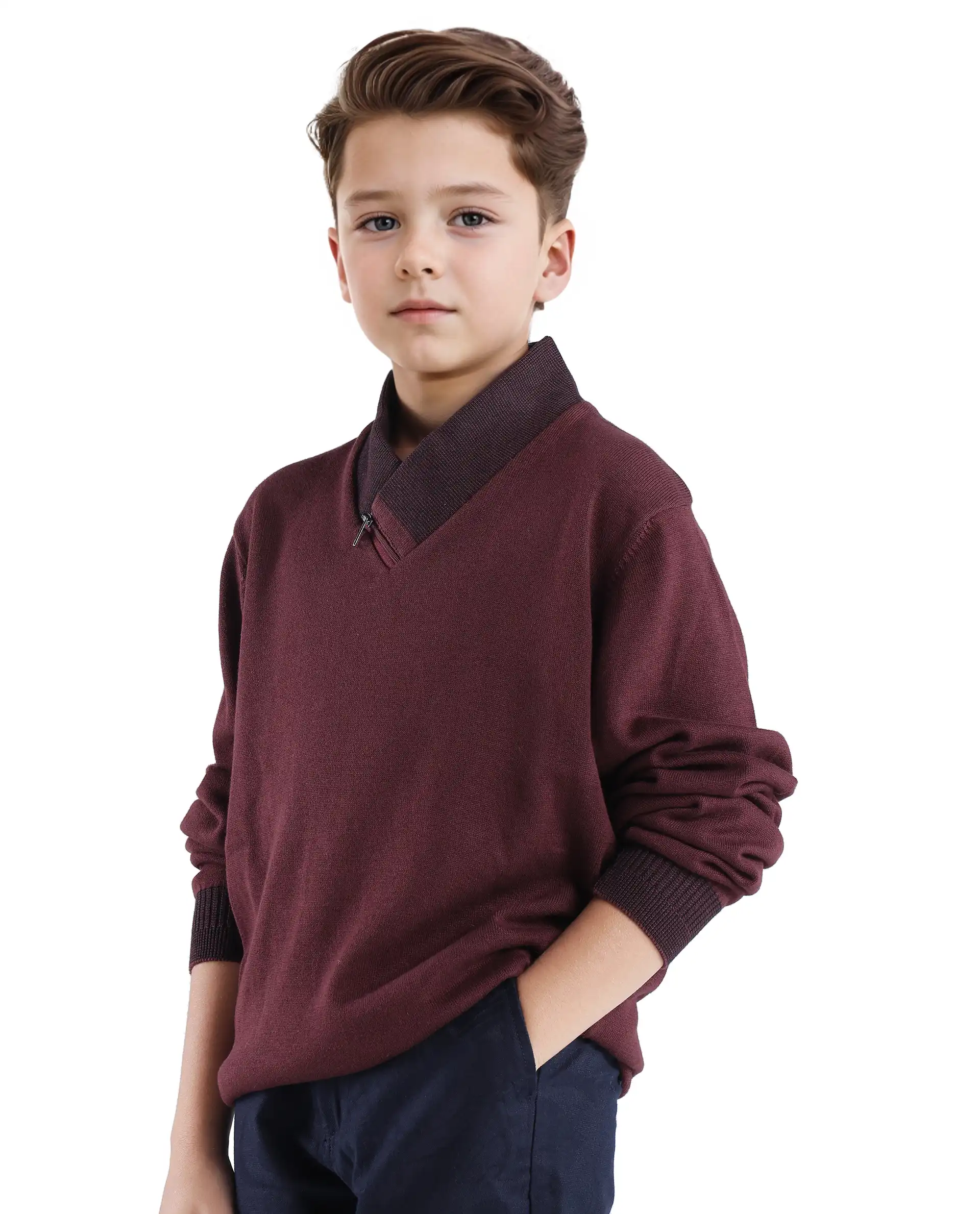 Rare Ones Kids Denv Maroon Full Sleeve Casual Zipper Regular Sweater - Image 5