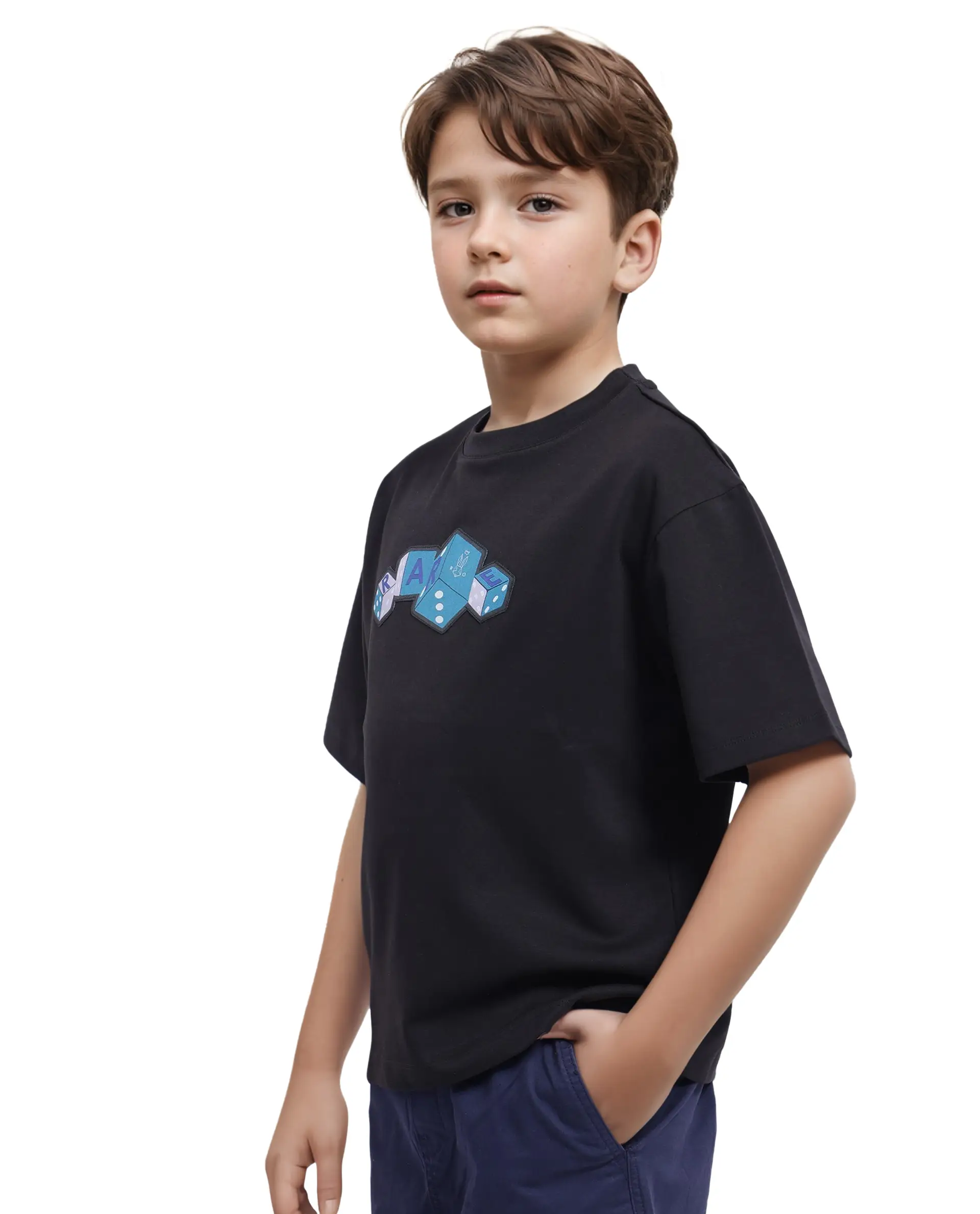 Rare Ones Kids Dice Black Cotton Half Sleeves Crew Neck Boxy Fit Applique Print T-Shirt - Image 6