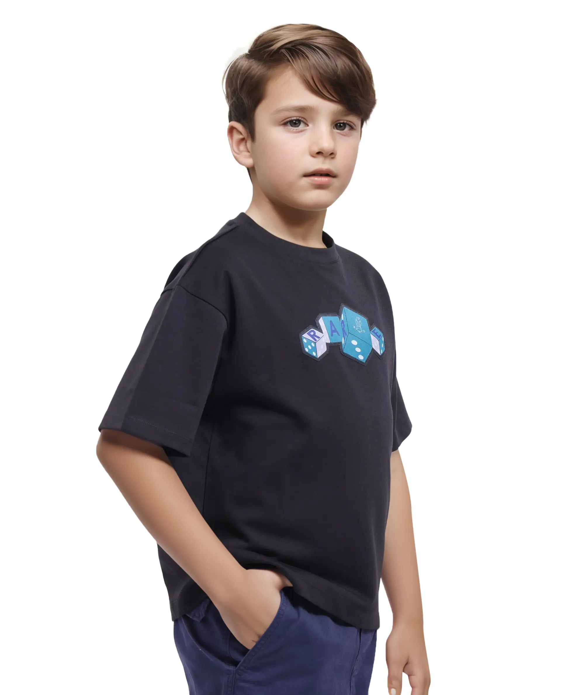 Rare Ones Kids Dice Black Cotton Half Sleeves Crew Neck Boxy Fit Applique Print T-Shirt - Image 7