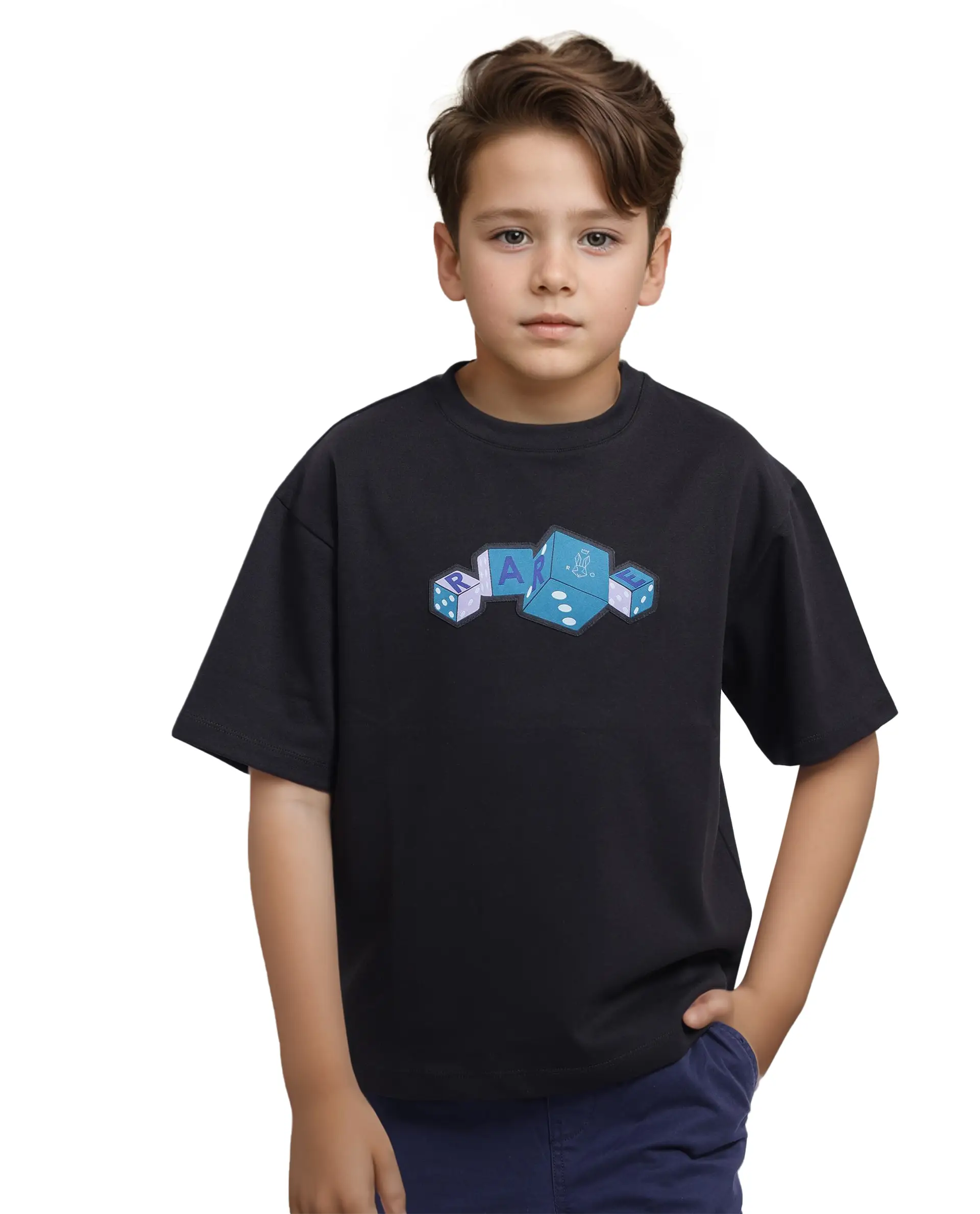 Rare Ones Kids Dice Black Cotton Half Sleeves Crew Neck Boxy Fit Applique Print T-Shirt - Image 8