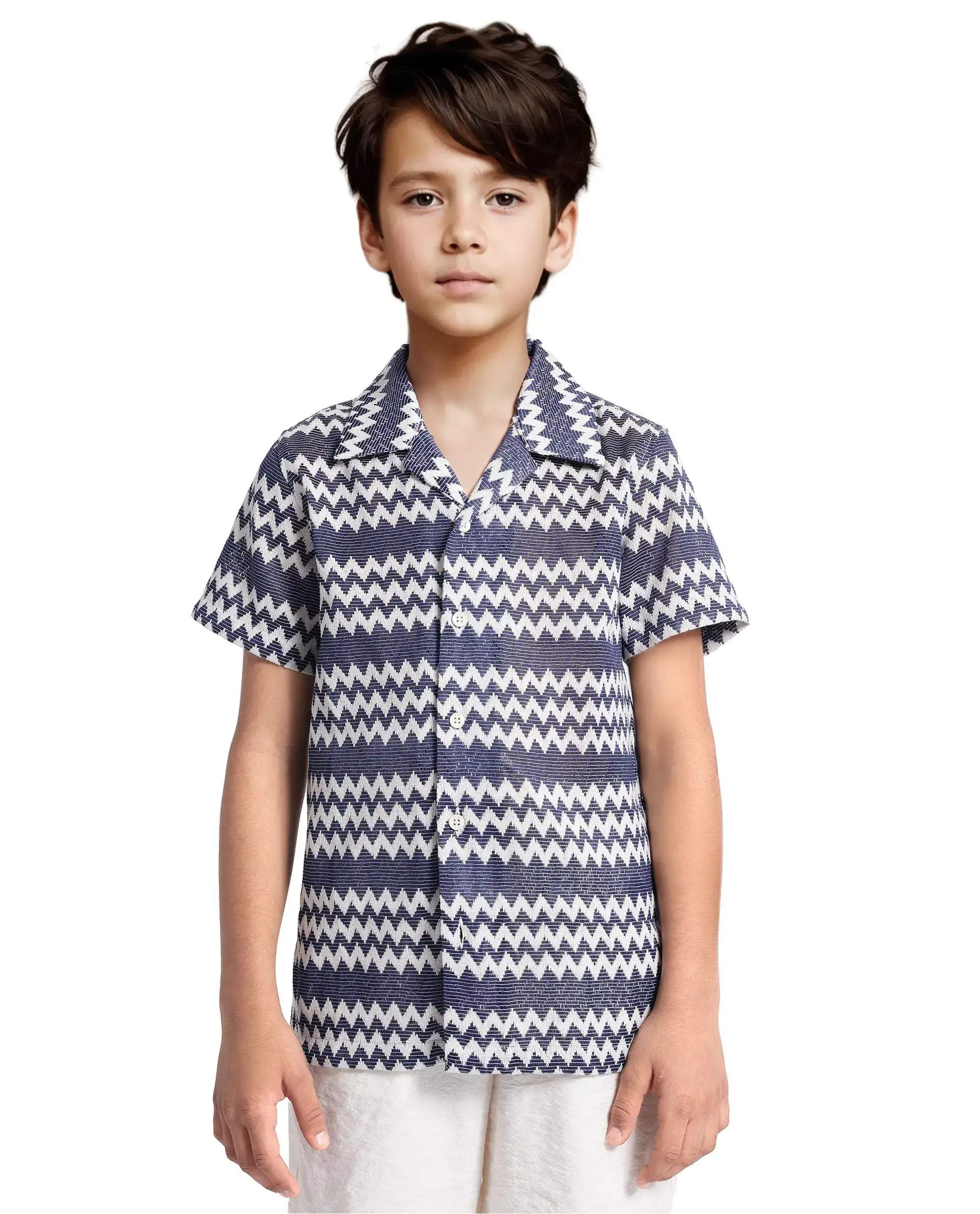 Rare Ones Kids Dio Blue Cotton Poly Half Sleeve Cuban Collar Dobby Shirt - Image 5