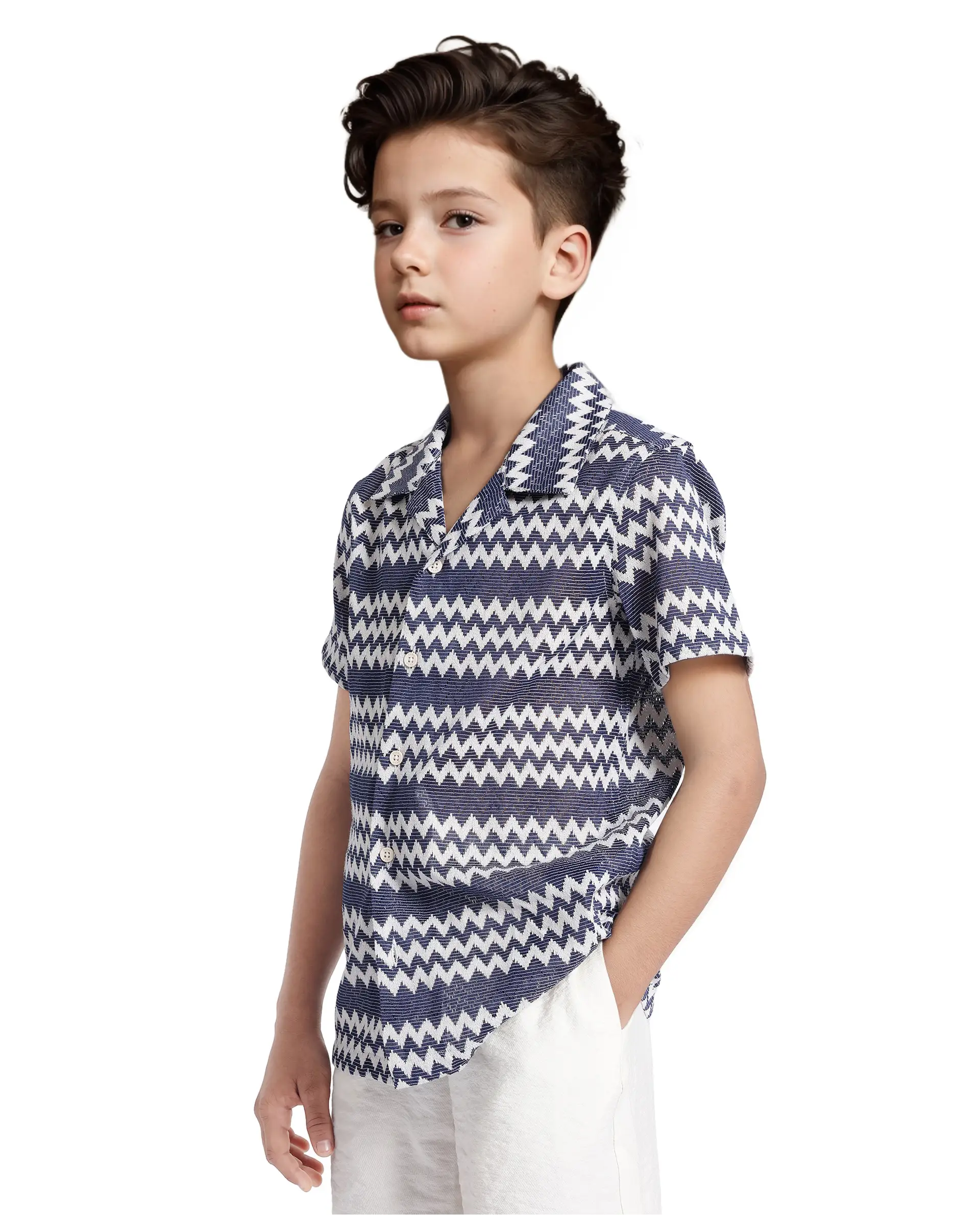 Rare Ones Kids Dio Blue Cotton Poly Half Sleeve Cuban Collar Dobby Shirt - Image 6