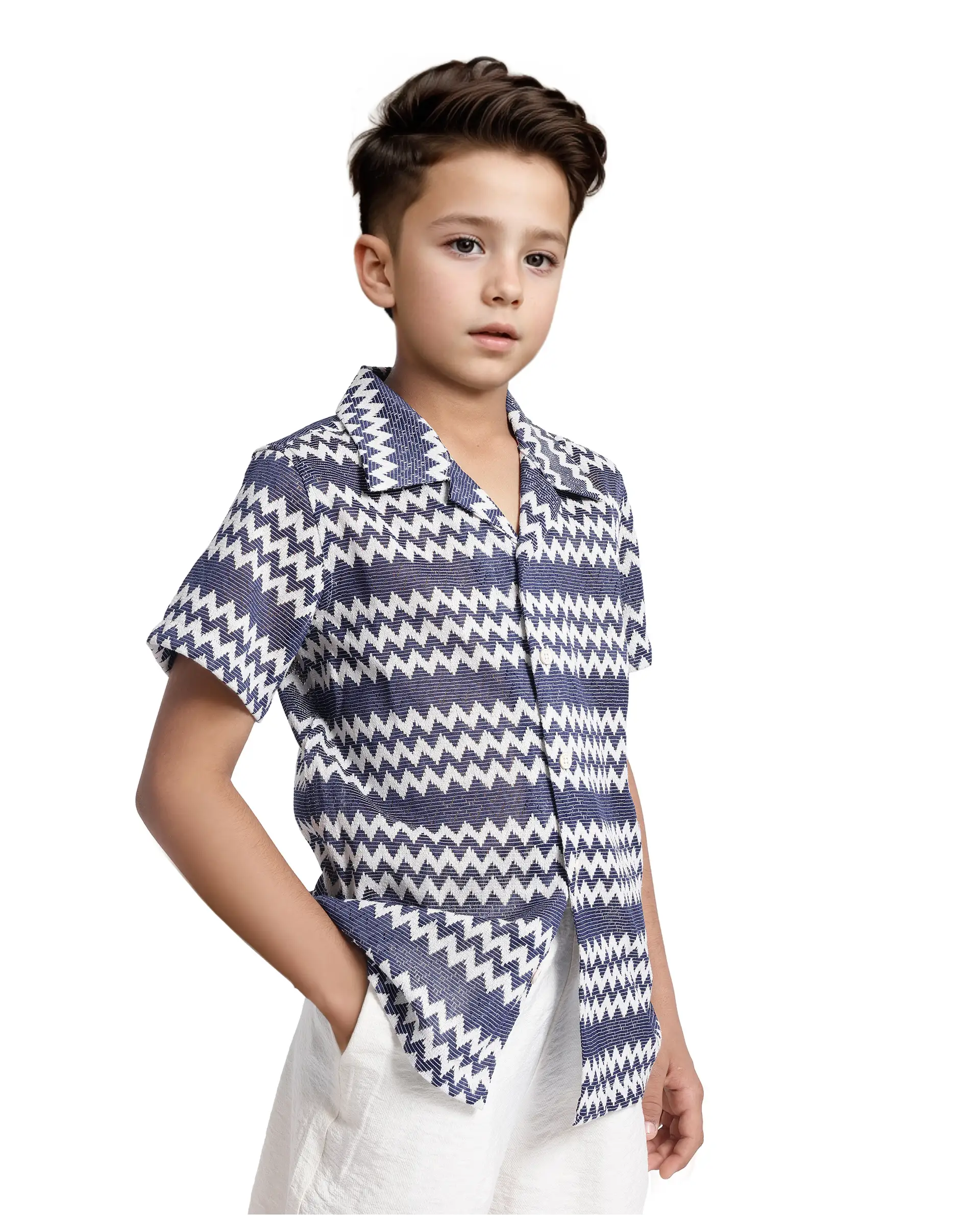 Rare Ones Kids Dio Blue Cotton Poly Half Sleeve Cuban Collar Dobby Shirt - Image 7