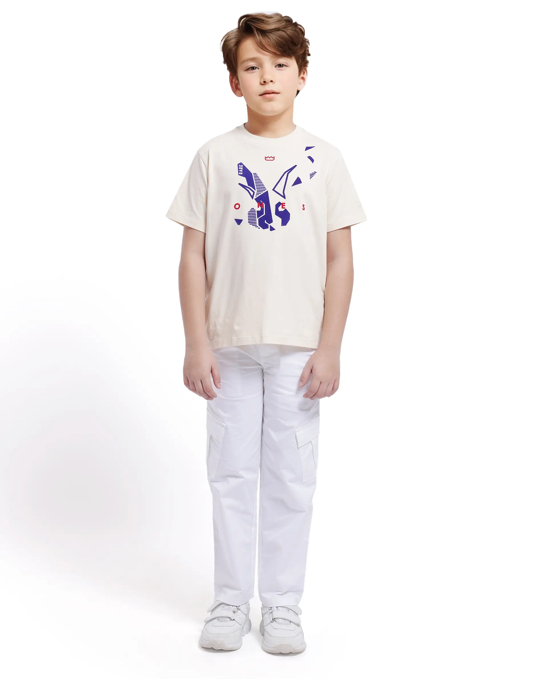 Rare Ones Kids Div Off White Cotton Short Sleeve Crew Neck Regular Fit Flock Print T-Shirt - Image 3