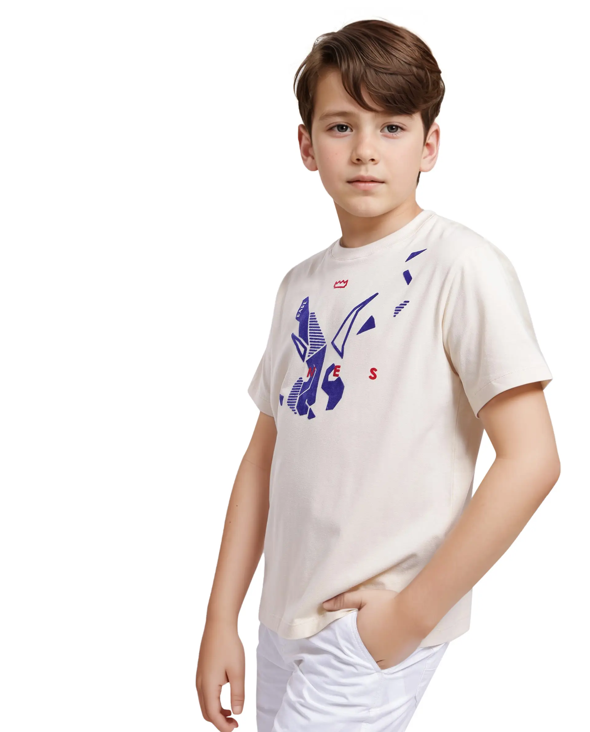 Rare Ones Kids Div Off White Cotton Short Sleeve Crew Neck Regular Fit Flock Print T-Shirt - Image 6