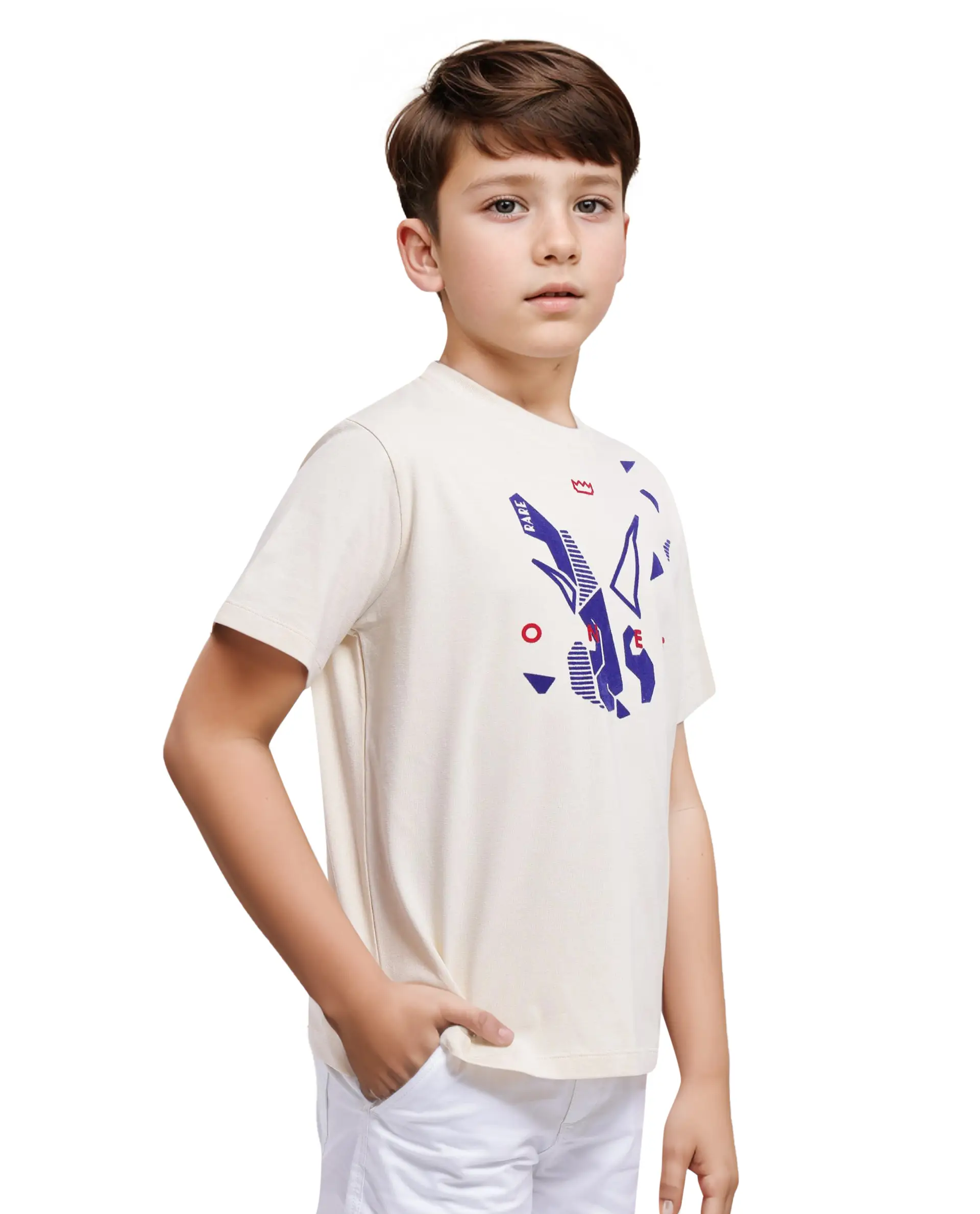 Rare Ones Kids Div Off White Cotton Short Sleeve Crew Neck Regular Fit Flock Print T-Shirt - Image 7