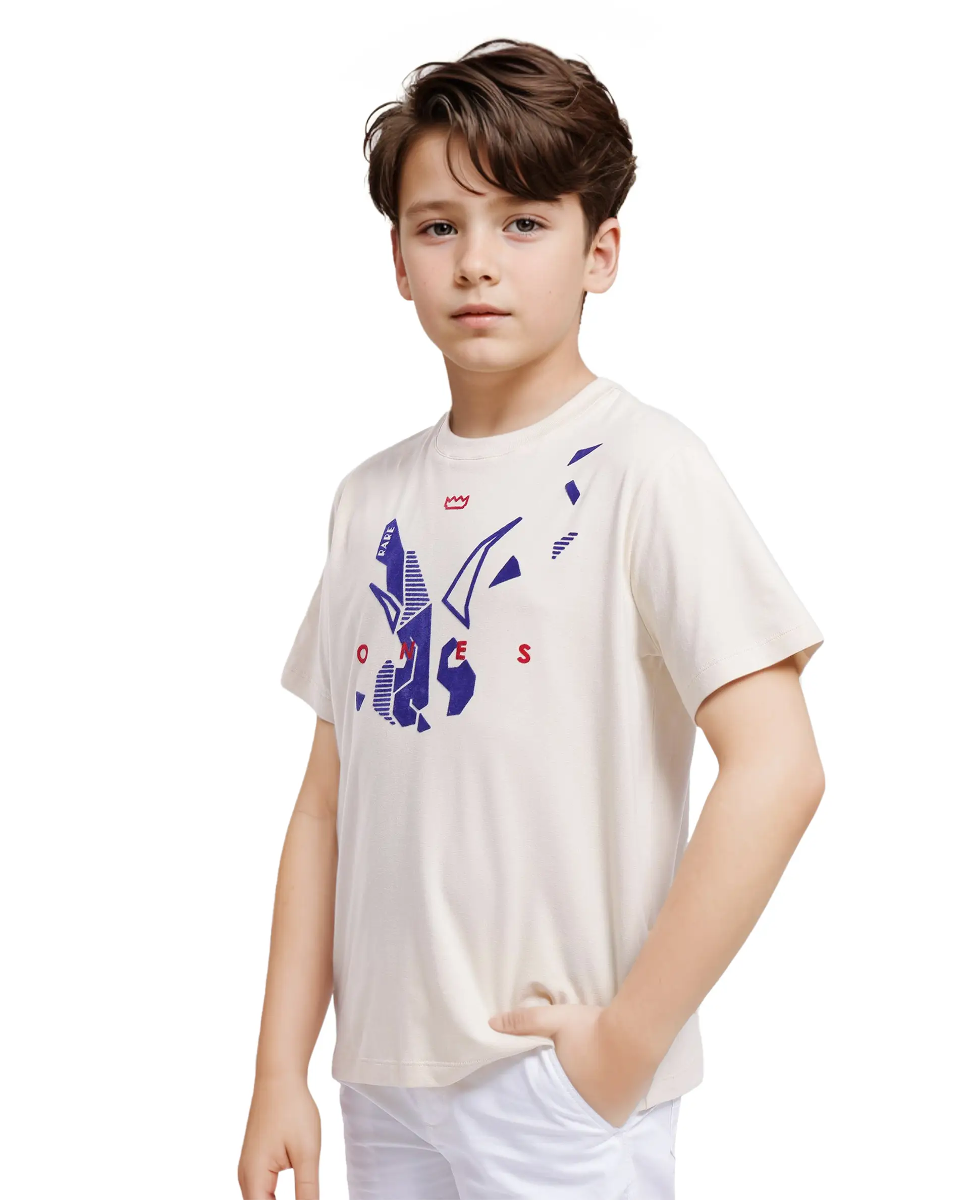 Rare Ones Kids Div Off White Cotton Short Sleeve Crew Neck Regular Fit Flock Print T-Shirt - Image 9