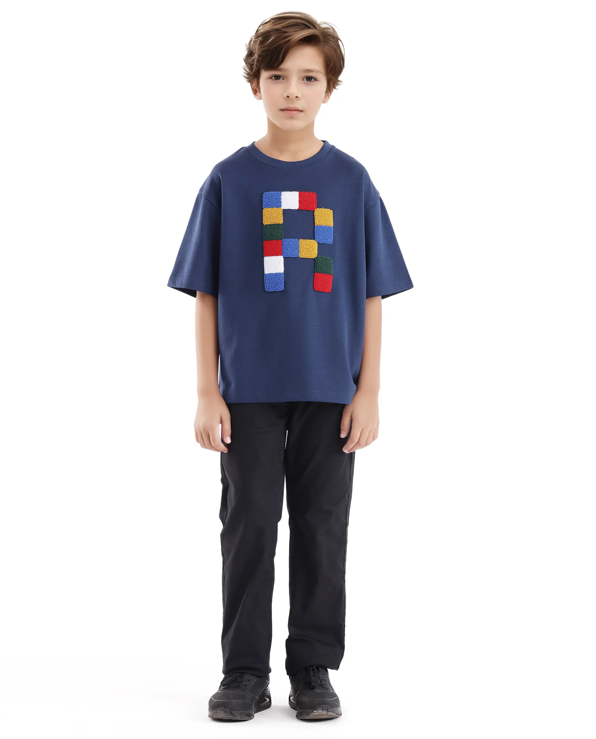 Rare Ones Kids Doe Navy Cotton Poly Short Sleeve Crew Neck Towel Embroidered Boxy T-Shirt - Image 2