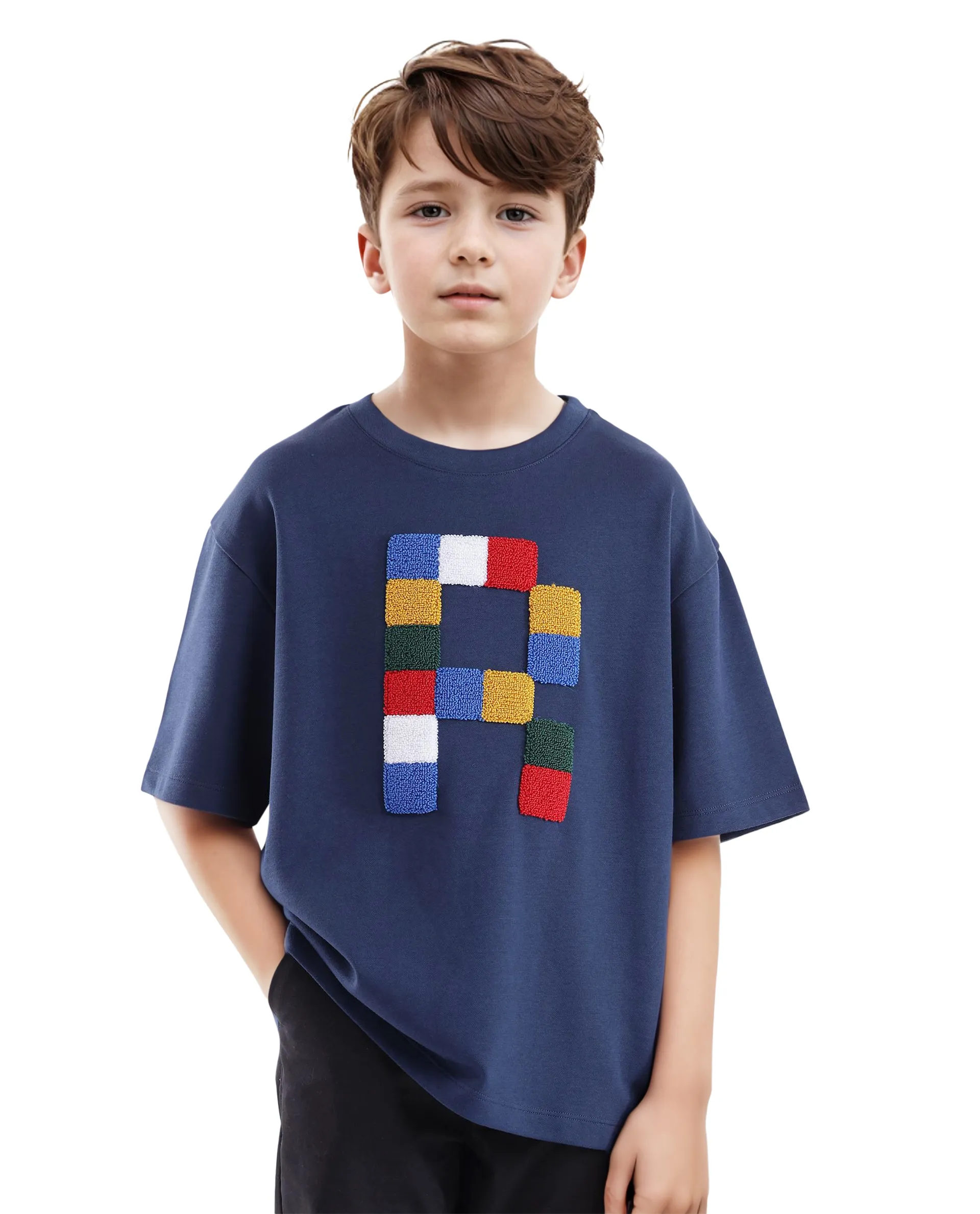 Rare Ones Kids Doe Navy Cotton Poly Short Sleeve Crew Neck Towel Embroidered Boxy T-Shirt - Image 3