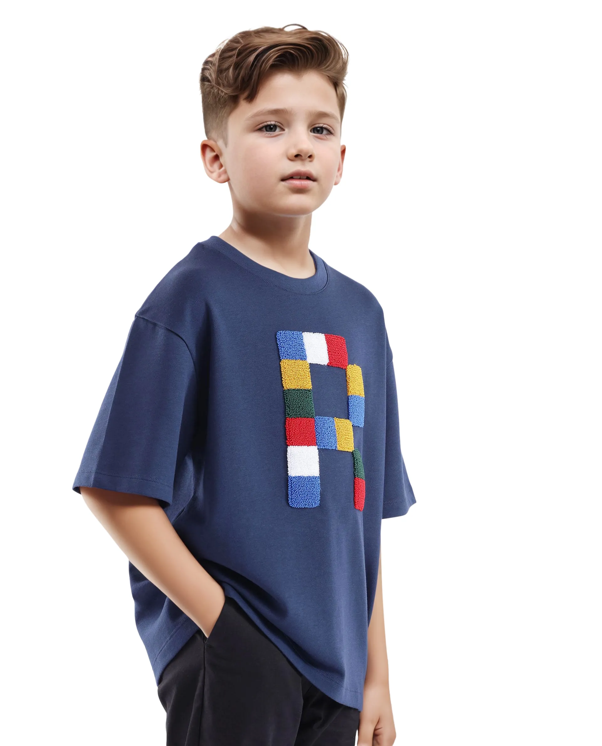 Rare Ones Kids Doe Navy Cotton Poly Short Sleeve Crew Neck Towel Embroidered Boxy T-Shirt - Image 5