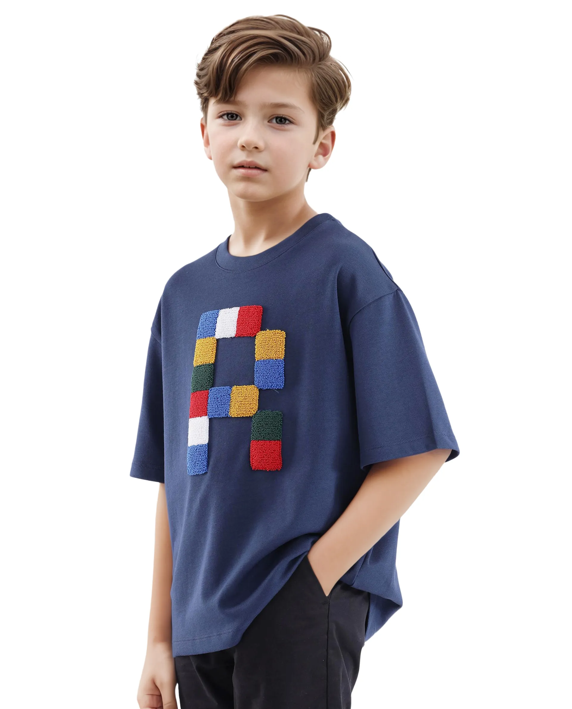 Rare Ones Kids Doe Navy Cotton Poly Short Sleeve Crew Neck Towel Embroidered Boxy T-Shirt - Image 7