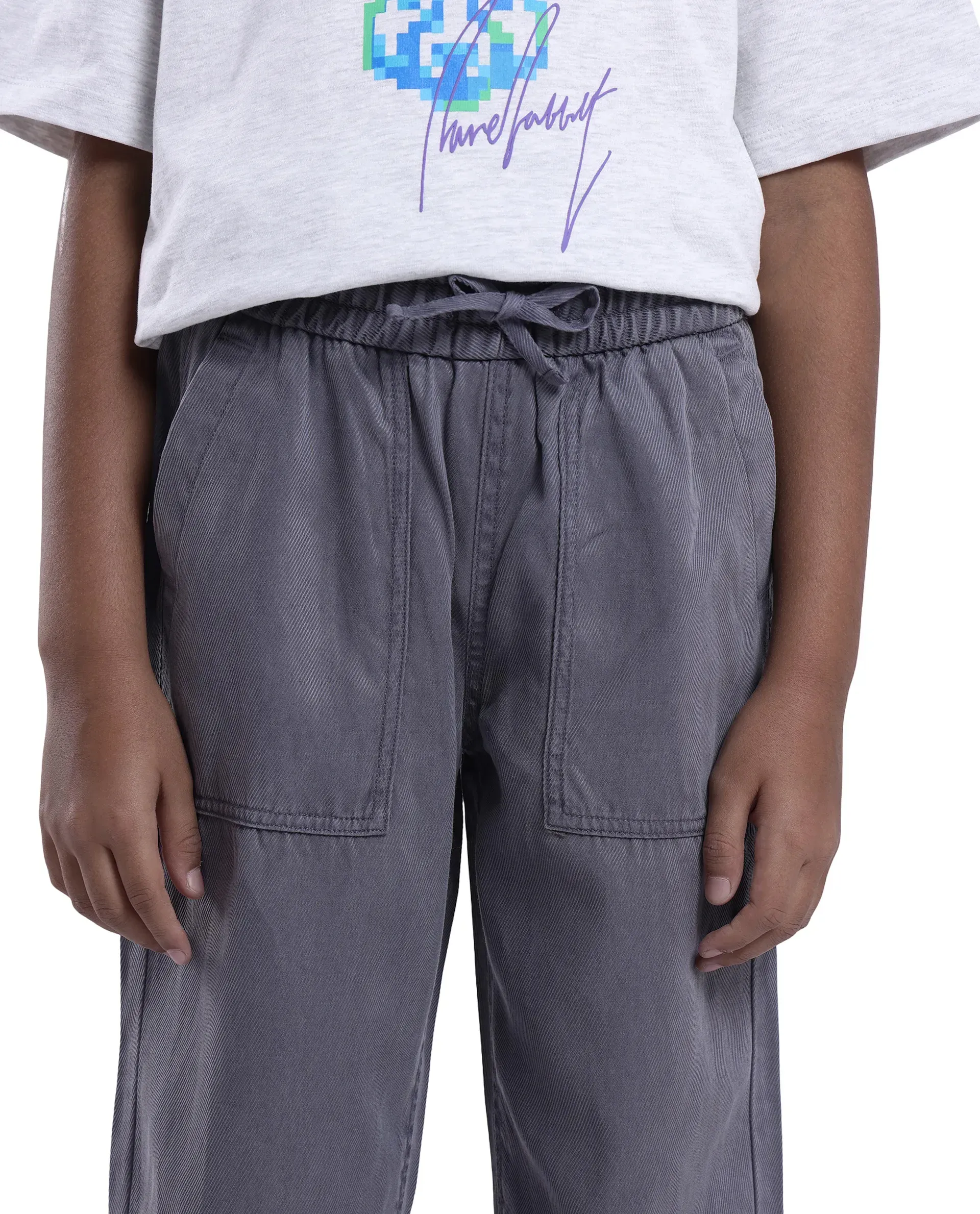Rare Ones Kids Dusk Grey Cotton Blend Plain Drawstring Regular Fit Trouser - Image 2