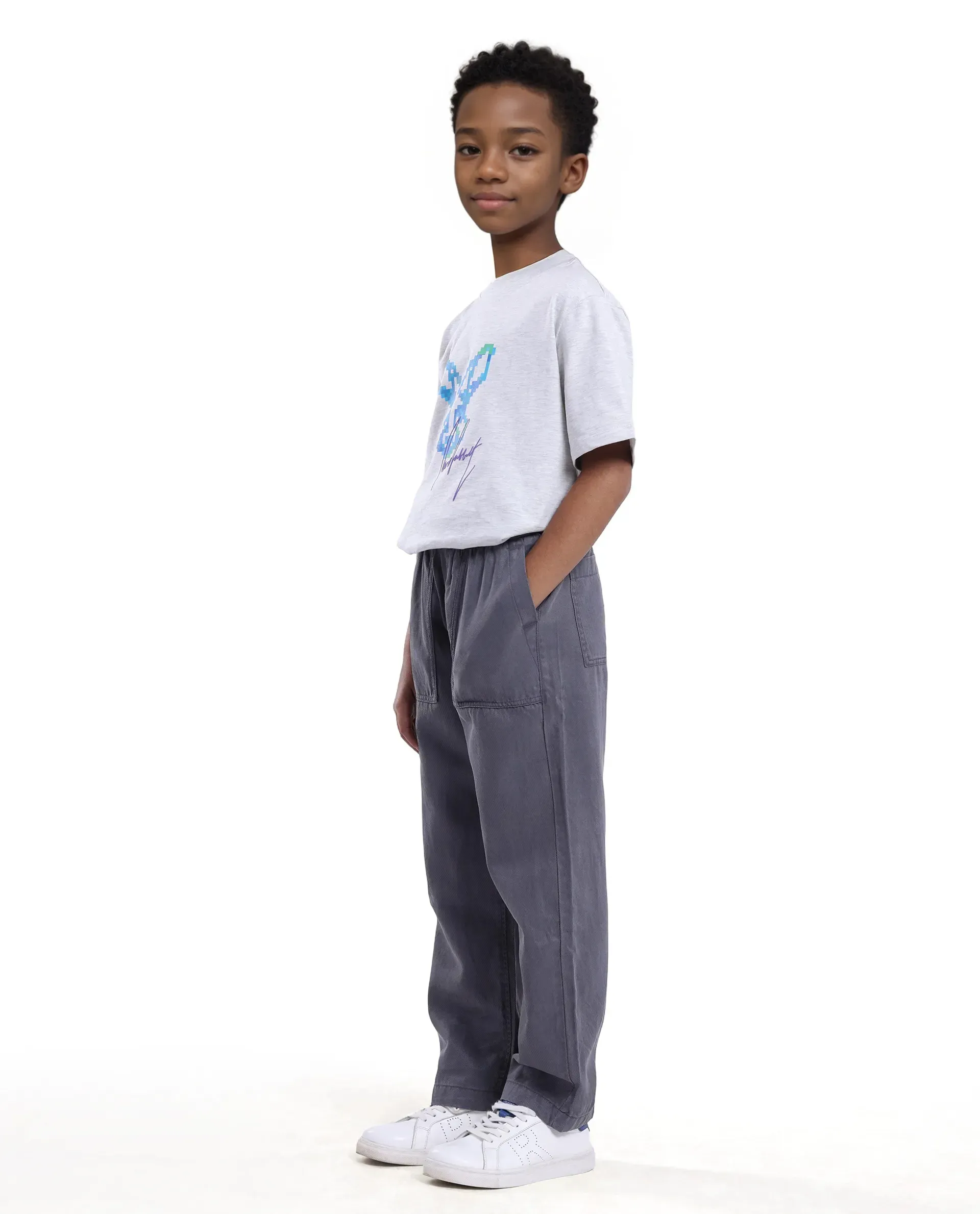 Rare Ones Kids Dusk Grey Cotton Blend Plain Drawstring Regular Fit Trouser - Image 4