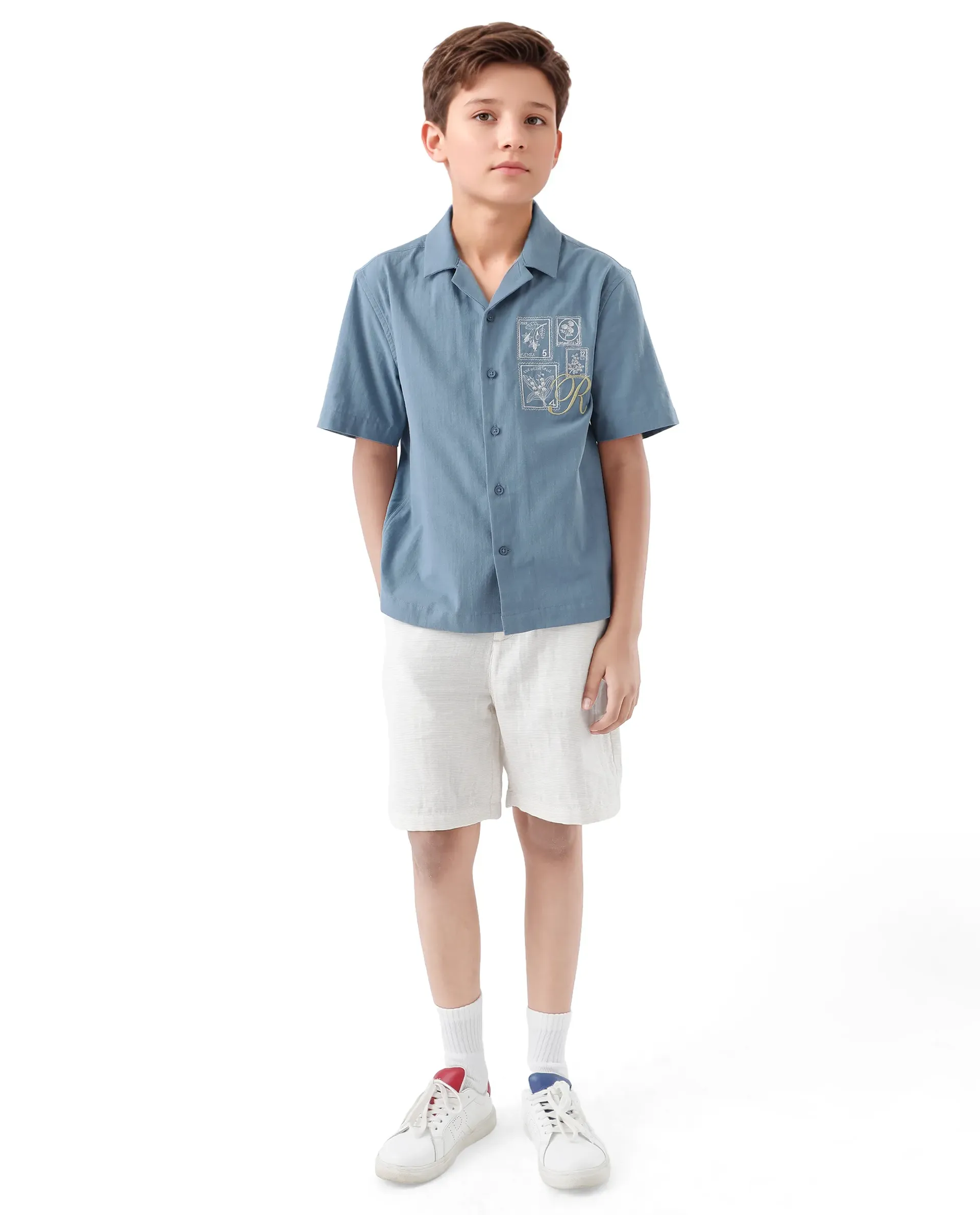 Rare Ones Kids Emma Dusky Blue Cotton Half Sleeve Button Embroidered Regular Fit Shirt - Image 2