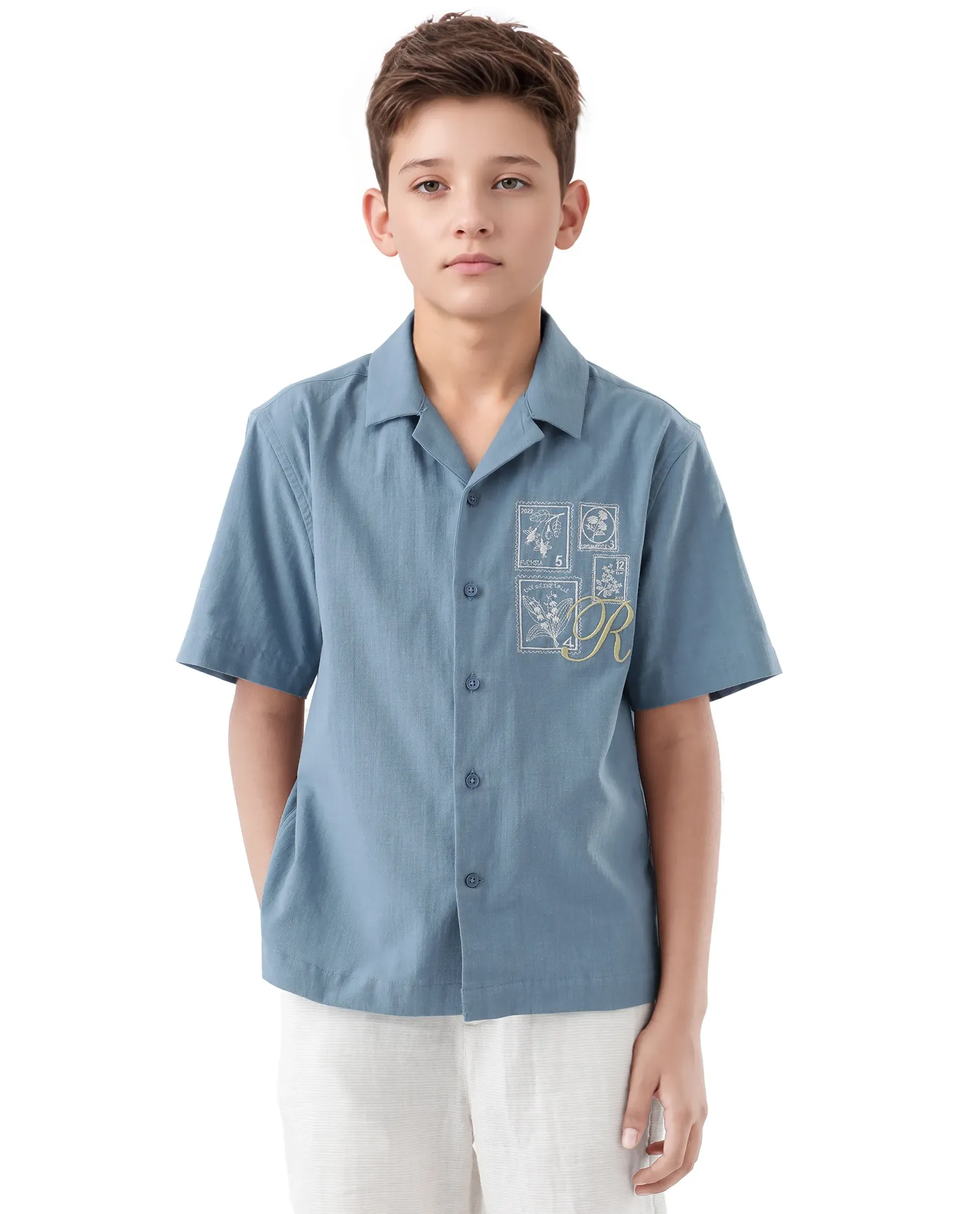 Rare Ones Kids Emma Dusky Blue Cotton Half Sleeve Button Embroidered Regular Fit Shirt - Image 3