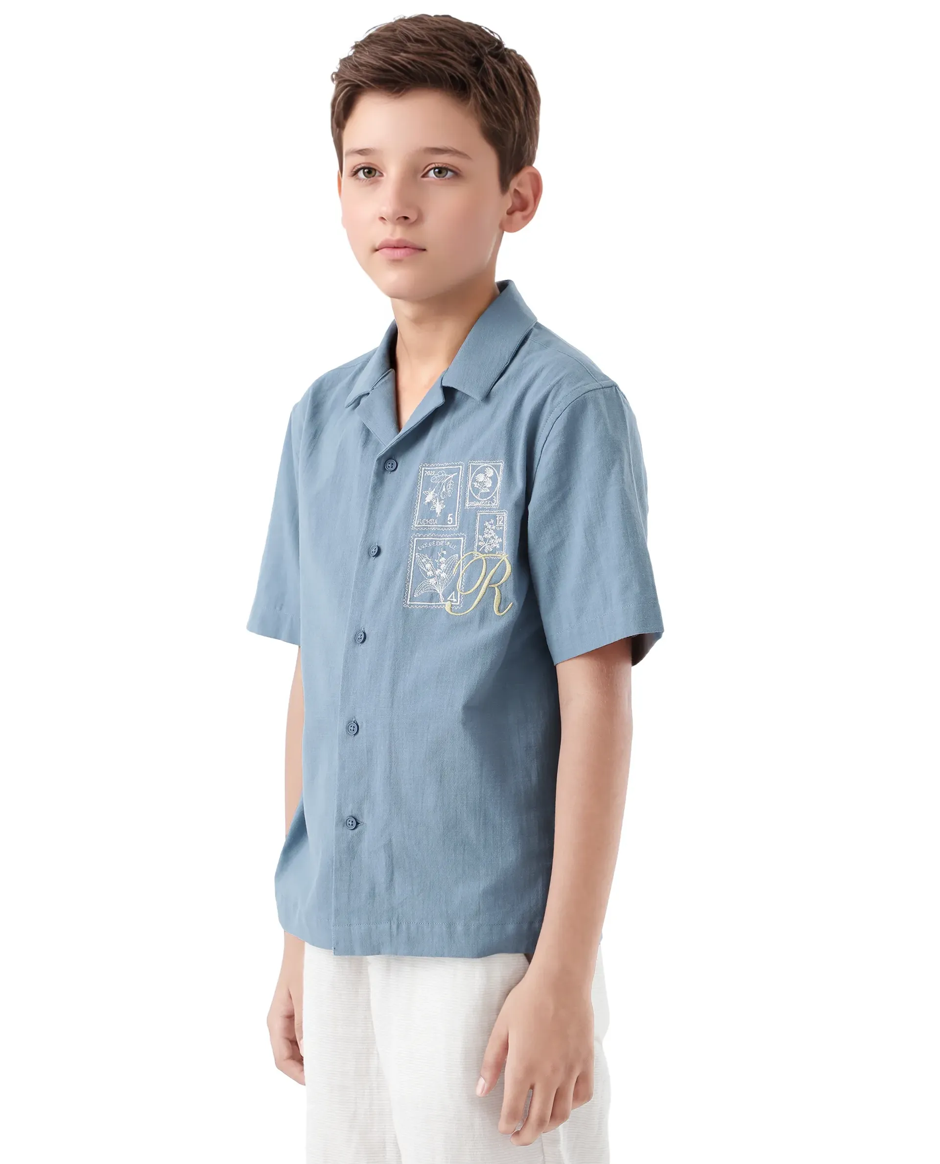 Rare Ones Kids Emma Dusky Blue Cotton Half Sleeve Button Embroidered Regular Fit Shirt - Image 6