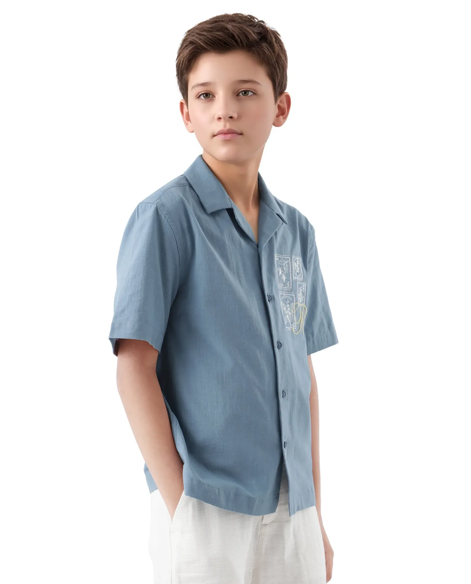 Rare Ones Kids Emma Dusky Blue Cotton Half Sleeve Button Embroidered Regular Fit Shirt - Image 7