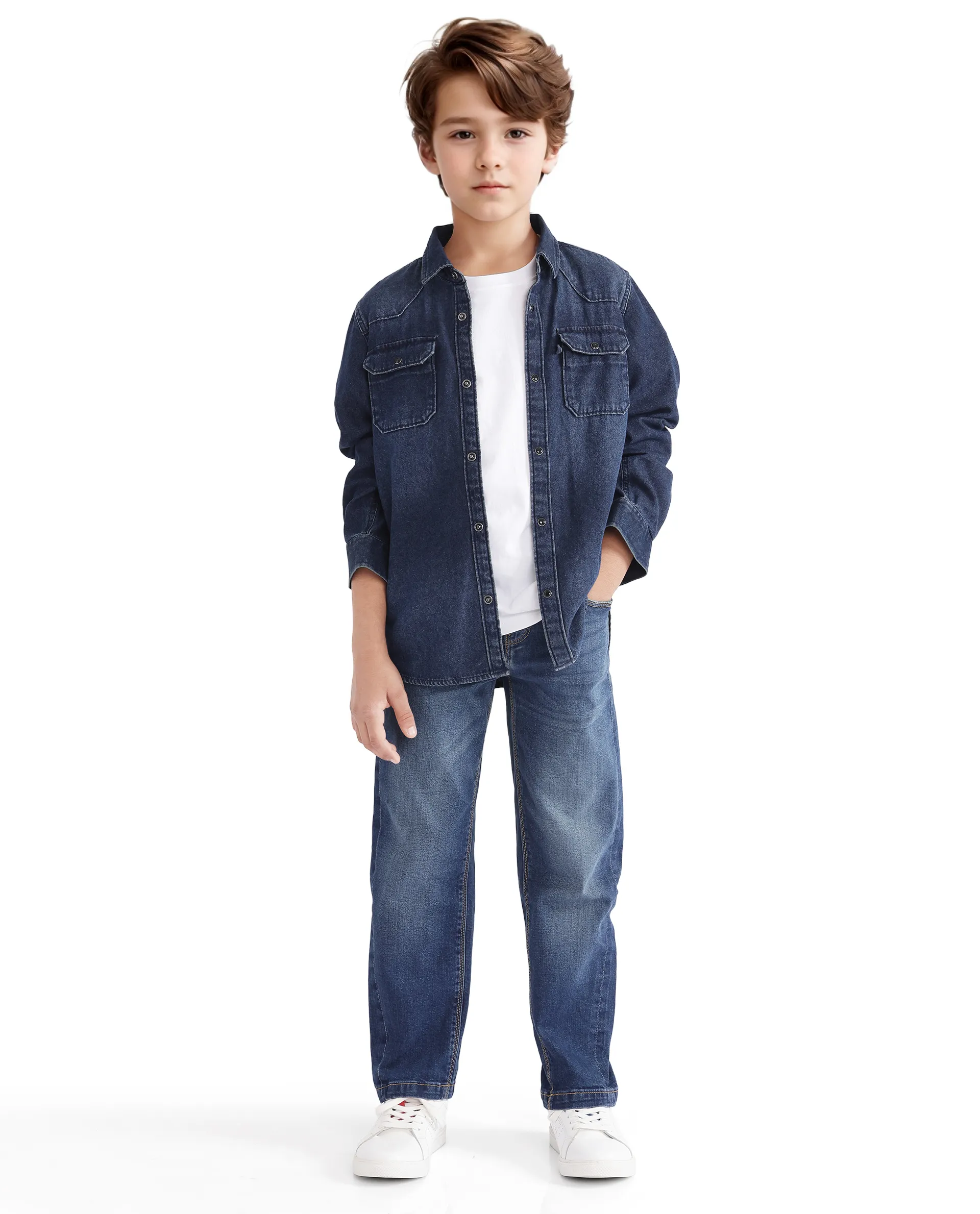 Rare Ones Kids Epan Navy Denim Full Sleeve Spread Collar Solid Shirt - Image 2