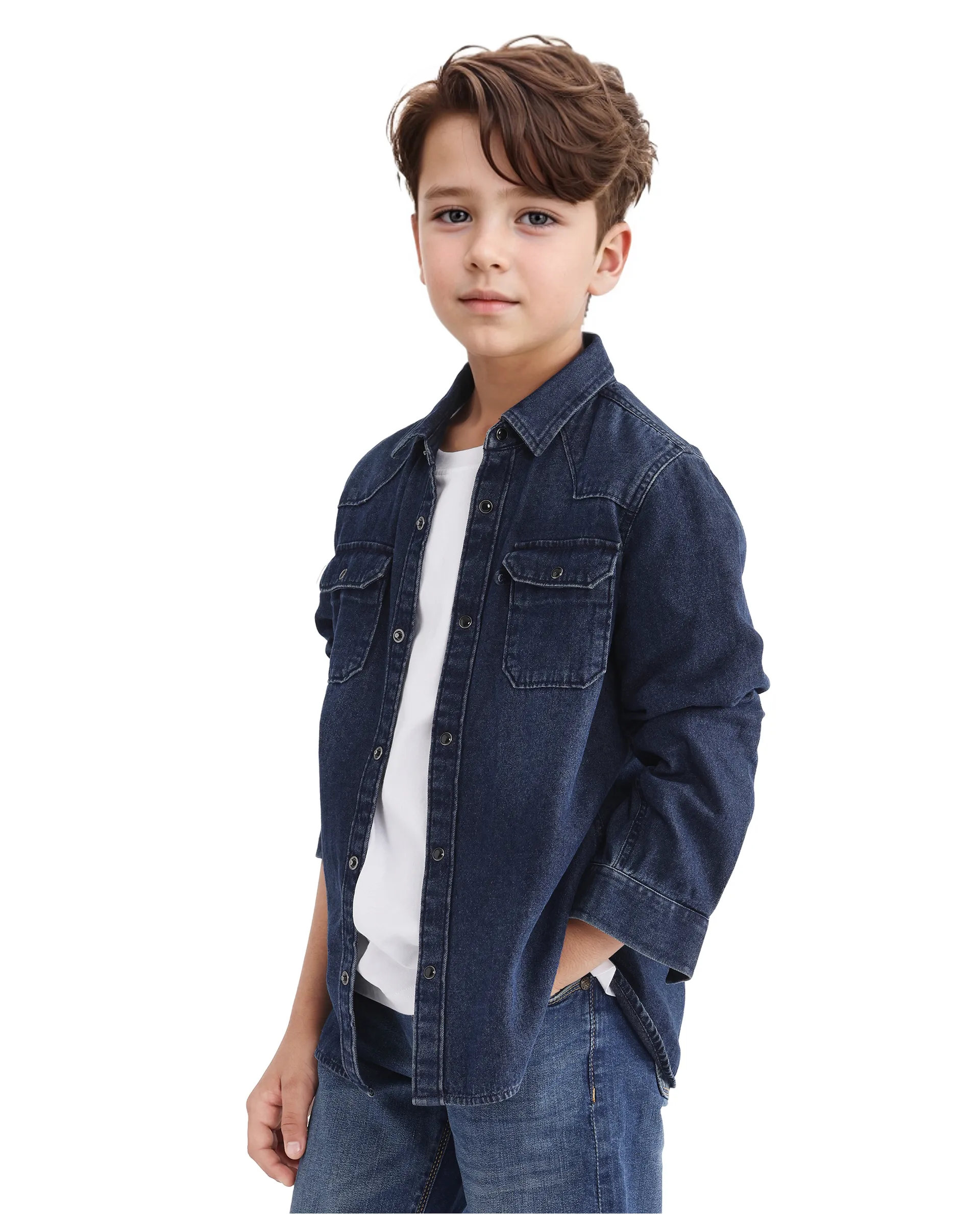 Rare Ones Kids Epan Navy Denim Full Sleeve Spread Collar Solid Shirt - Image 6