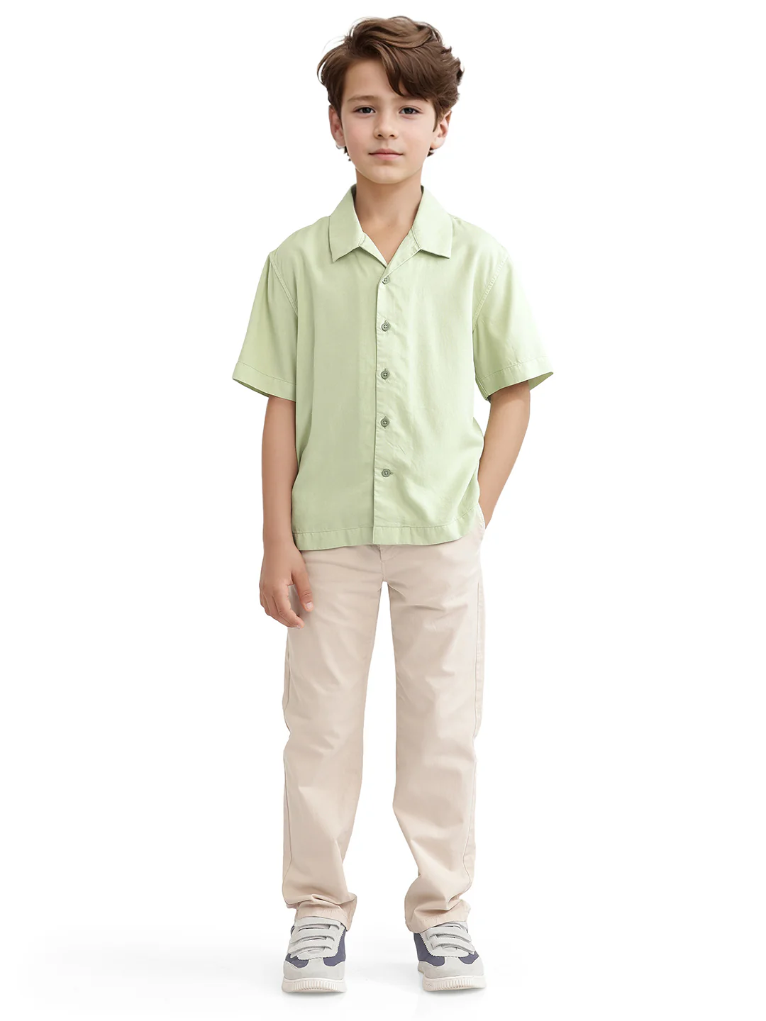 Rare Ones Kids Fern-S Light Green Viscose Blend Half Sleeve Button Closure Solid Regular Fit Shirt - Image 2