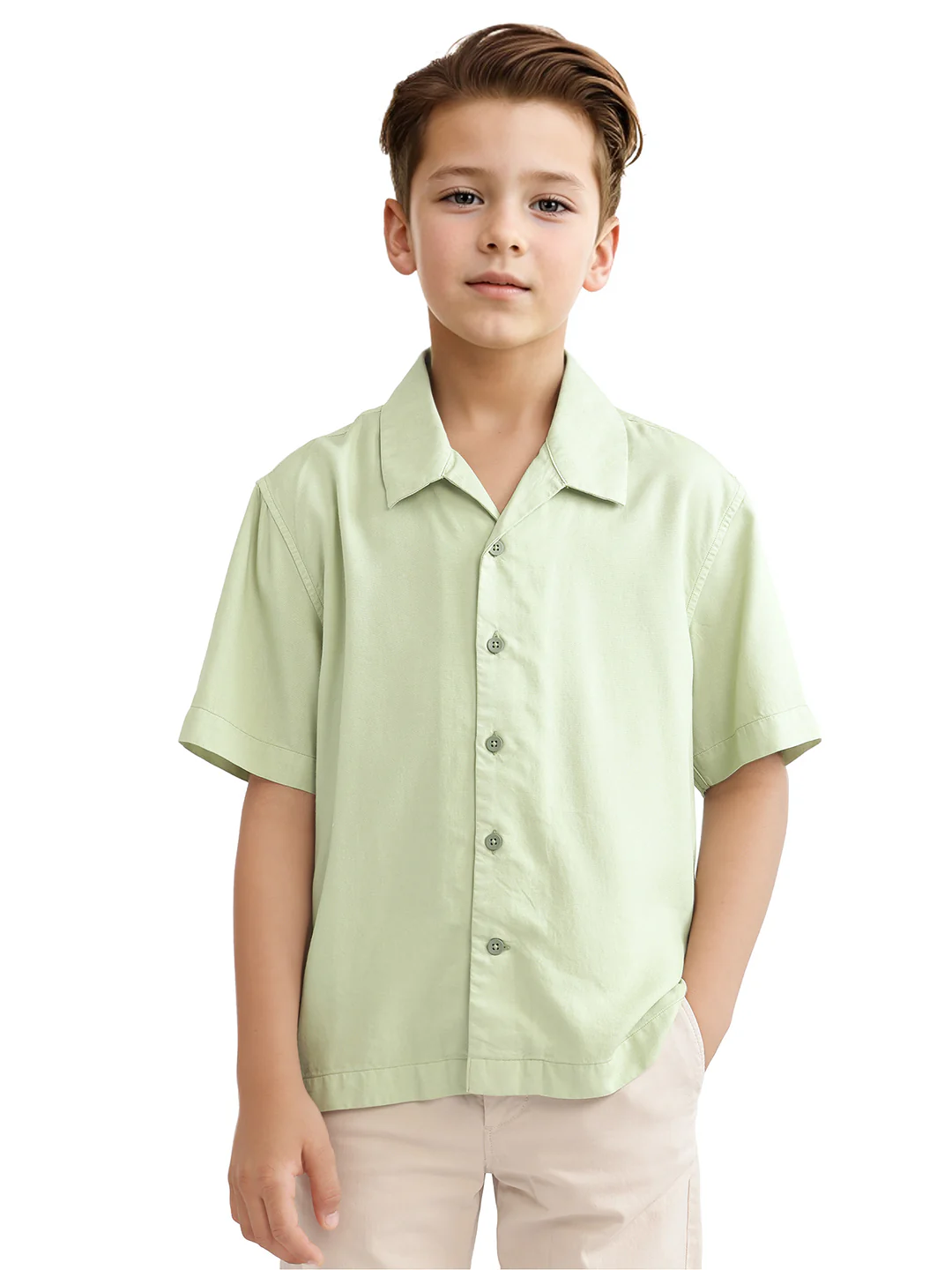 Rare Ones Kids Fern-S Light Green Viscose Blend Half Sleeve Button Closure Solid Regular Fit Shirt - Image 3