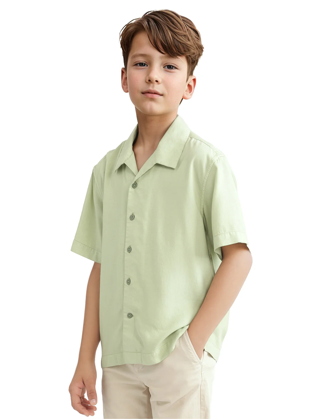 Rare Ones Kids Fern-S Light Green Viscose Blend Half Sleeve Button Closure Solid Regular Fit Shirt - Image 6