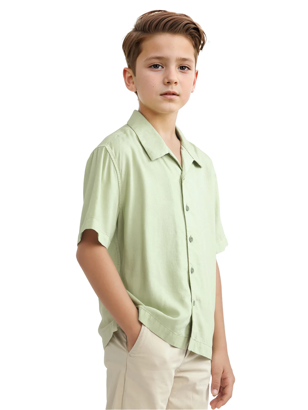Rare Ones Kids Fern-S Light Green Viscose Blend Half Sleeve Button Closure Solid Regular Fit Shirt - Image 7