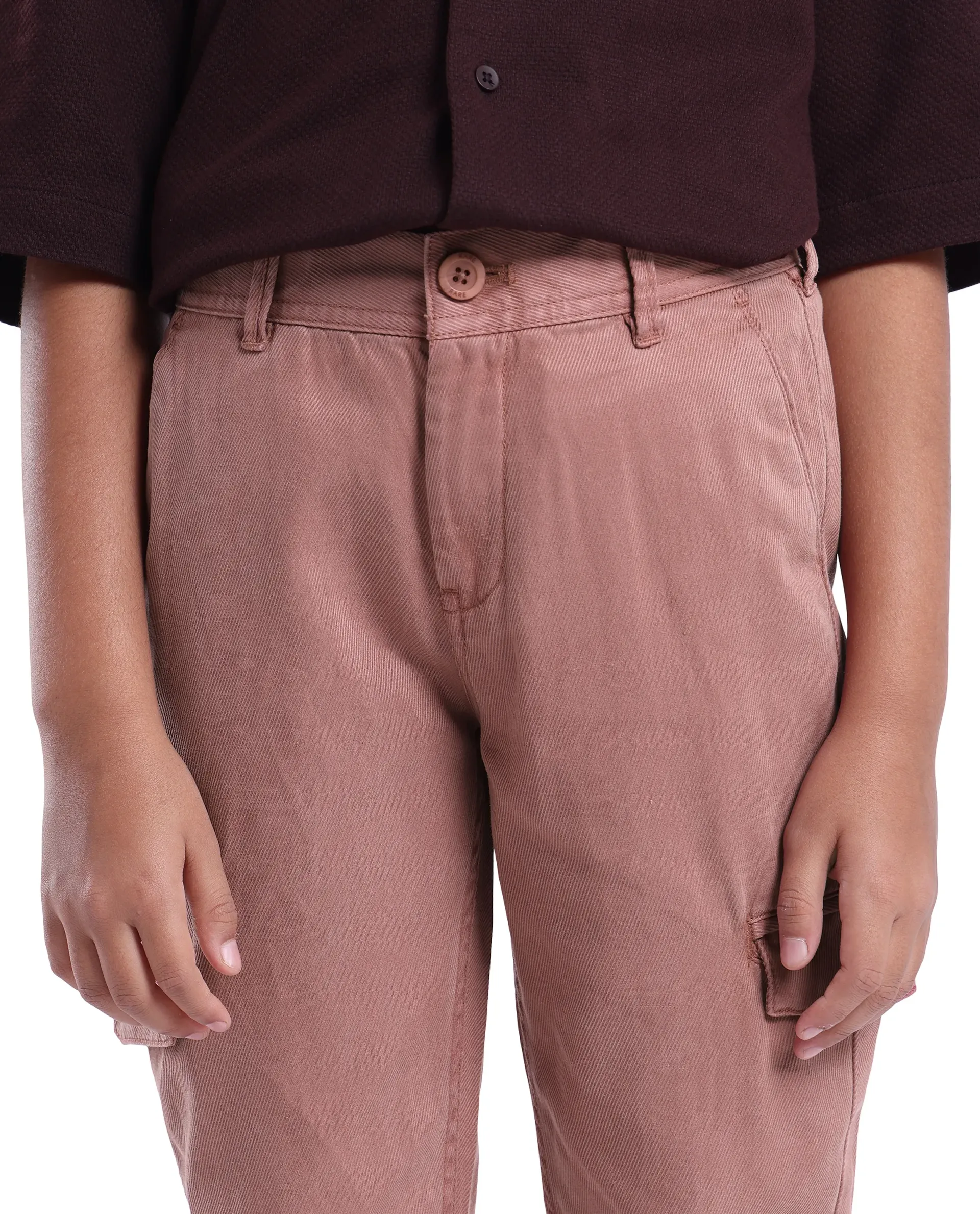 Rare Ones Kids Flat Dusky Peach Cotton Button And Zip Closure Plain Regular Fit Trouser - Image 2