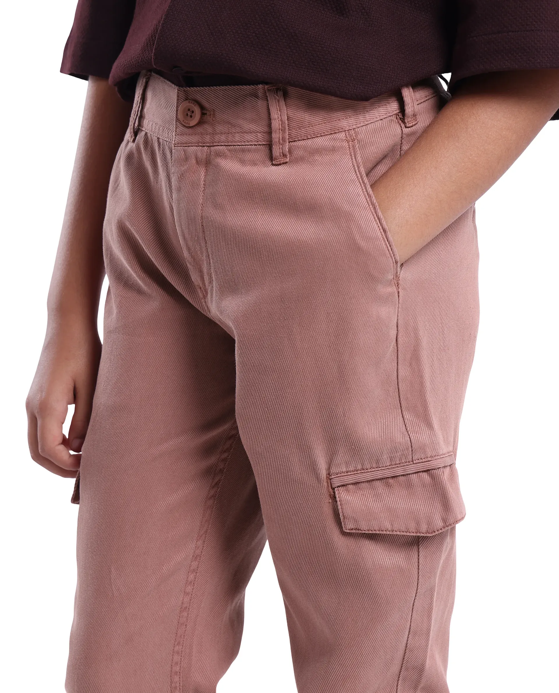 Rare Ones Kids Flat Dusky Peach Cotton Button And Zip Closure Plain Regular Fit Trouser - Image 3