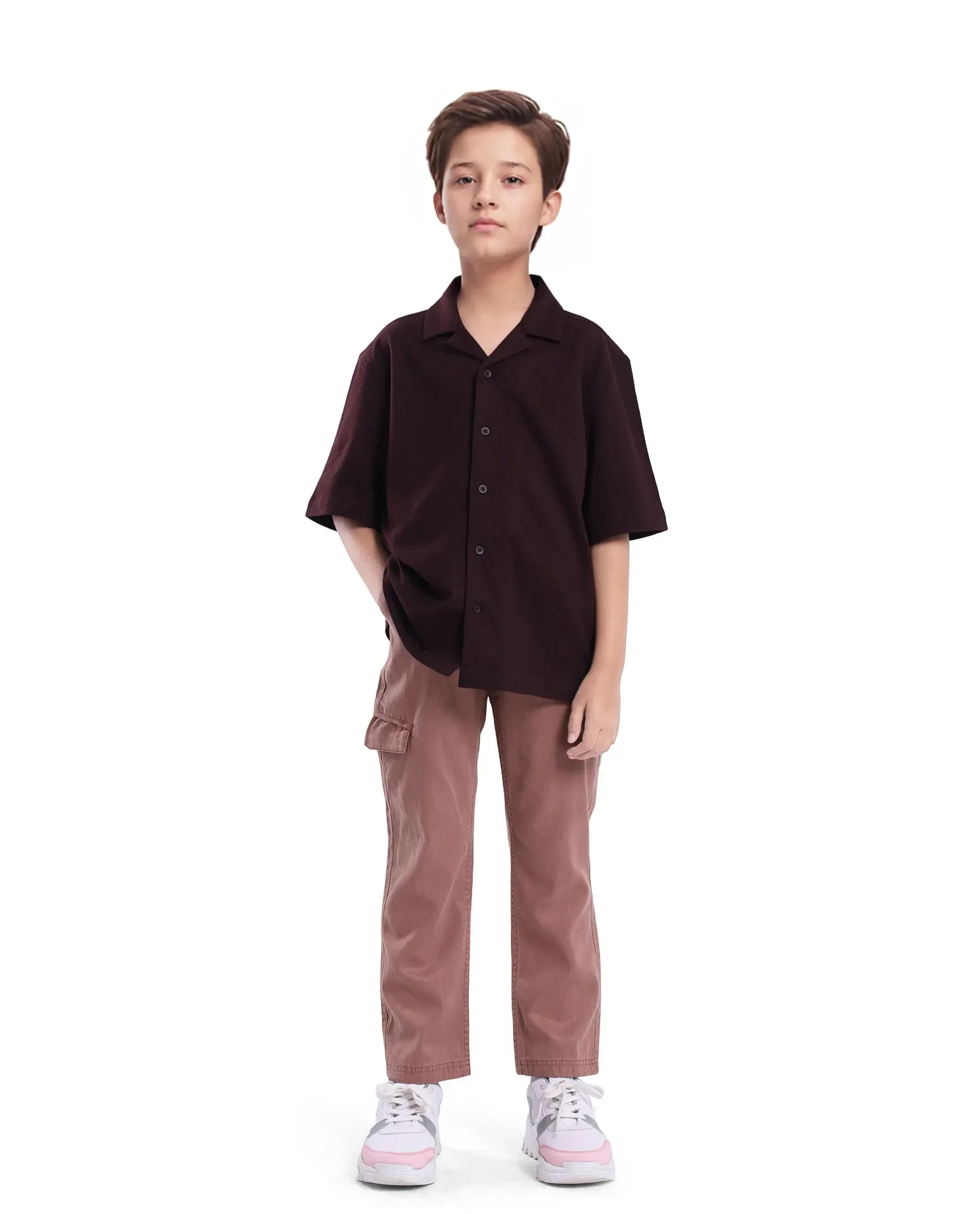 Rare Ones Kids Flat Dusky Peach Cotton Button And Zip Closure Plain Regular Fit Trouser - Image 4