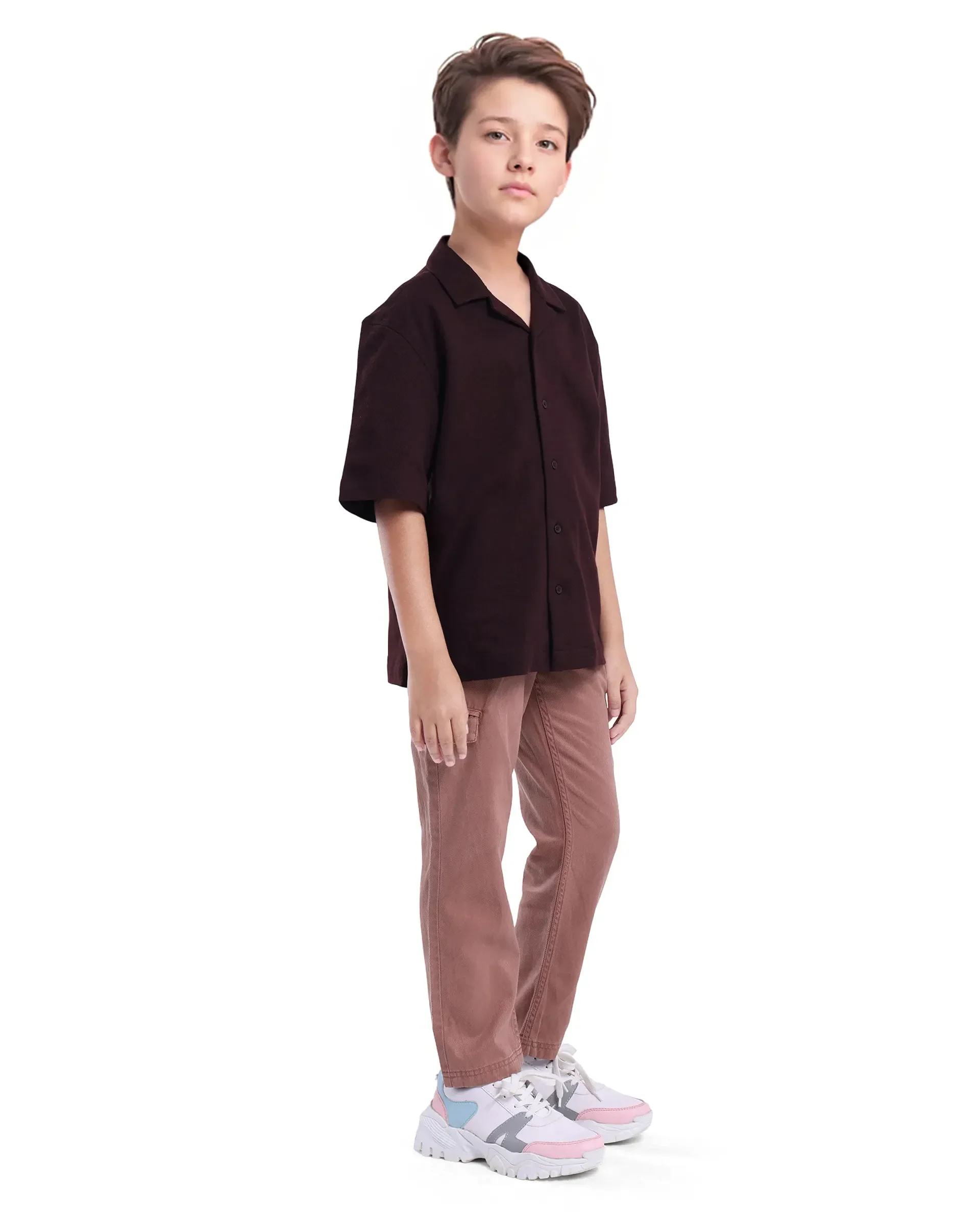 Rare Ones Kids Flat Dusky Peach Cotton Button And Zip Closure Plain Regular Fit Trouser - Image 5