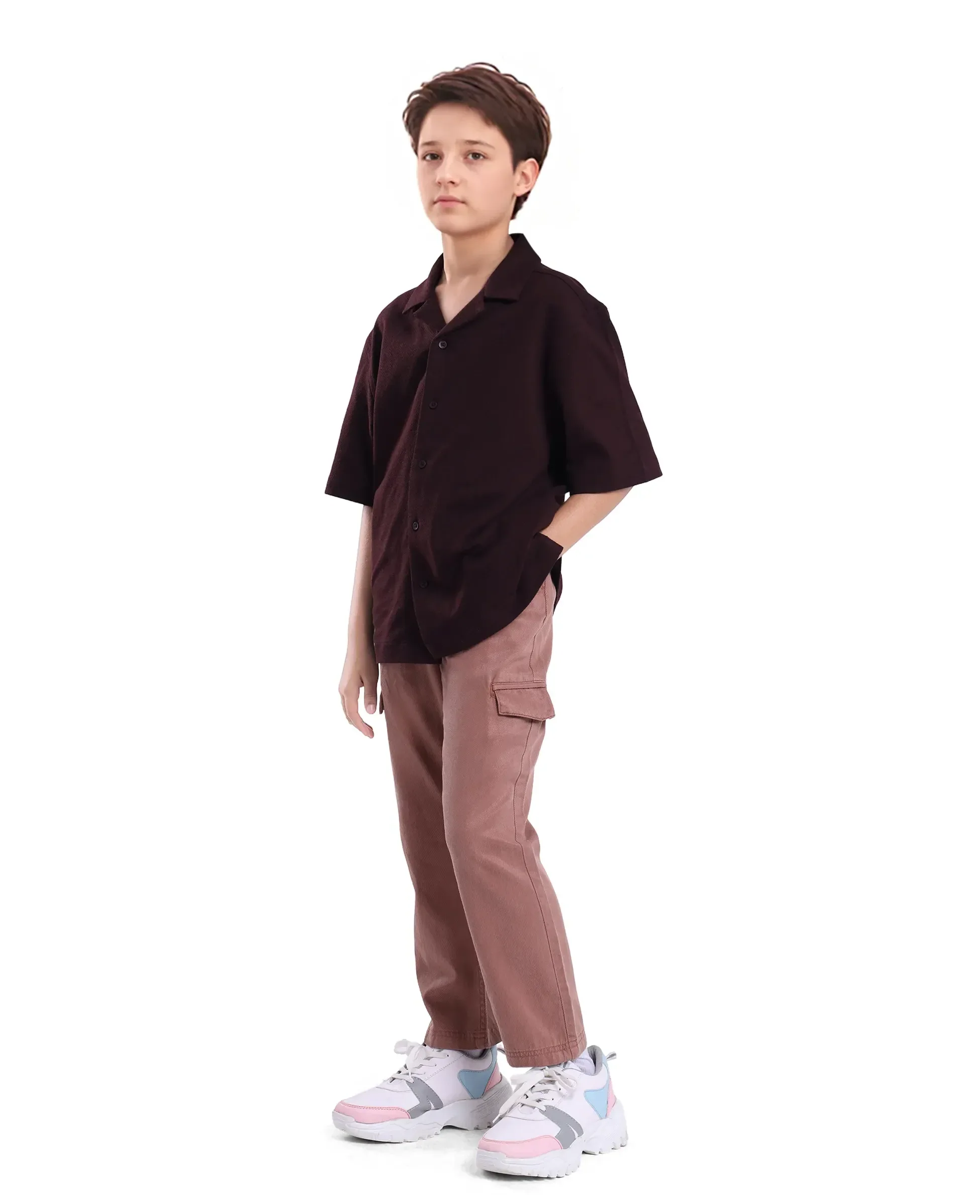 Rare Ones Kids Flat Dusky Peach Cotton Button And Zip Closure Plain Regular Fit Trouser - Image 6