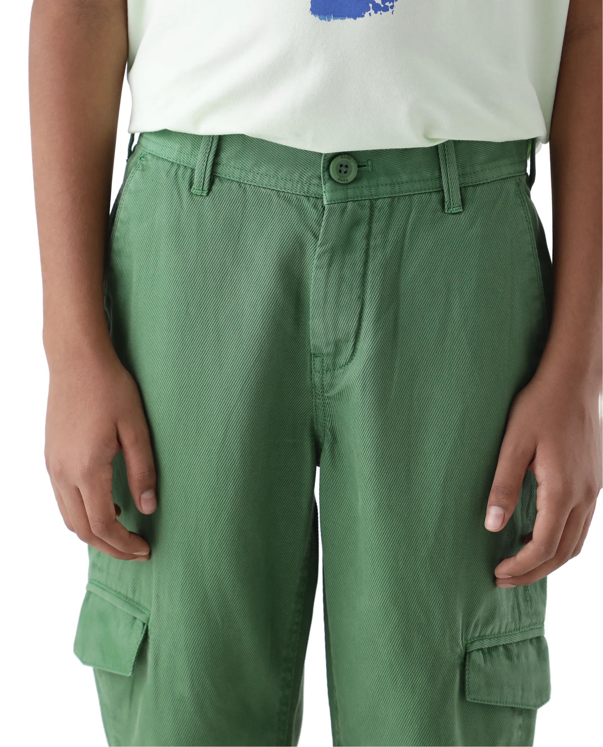 Rare Ones Kids Flat Green Cotton Button And Zip Closure Plain Regular Fit Trouser - Image 3