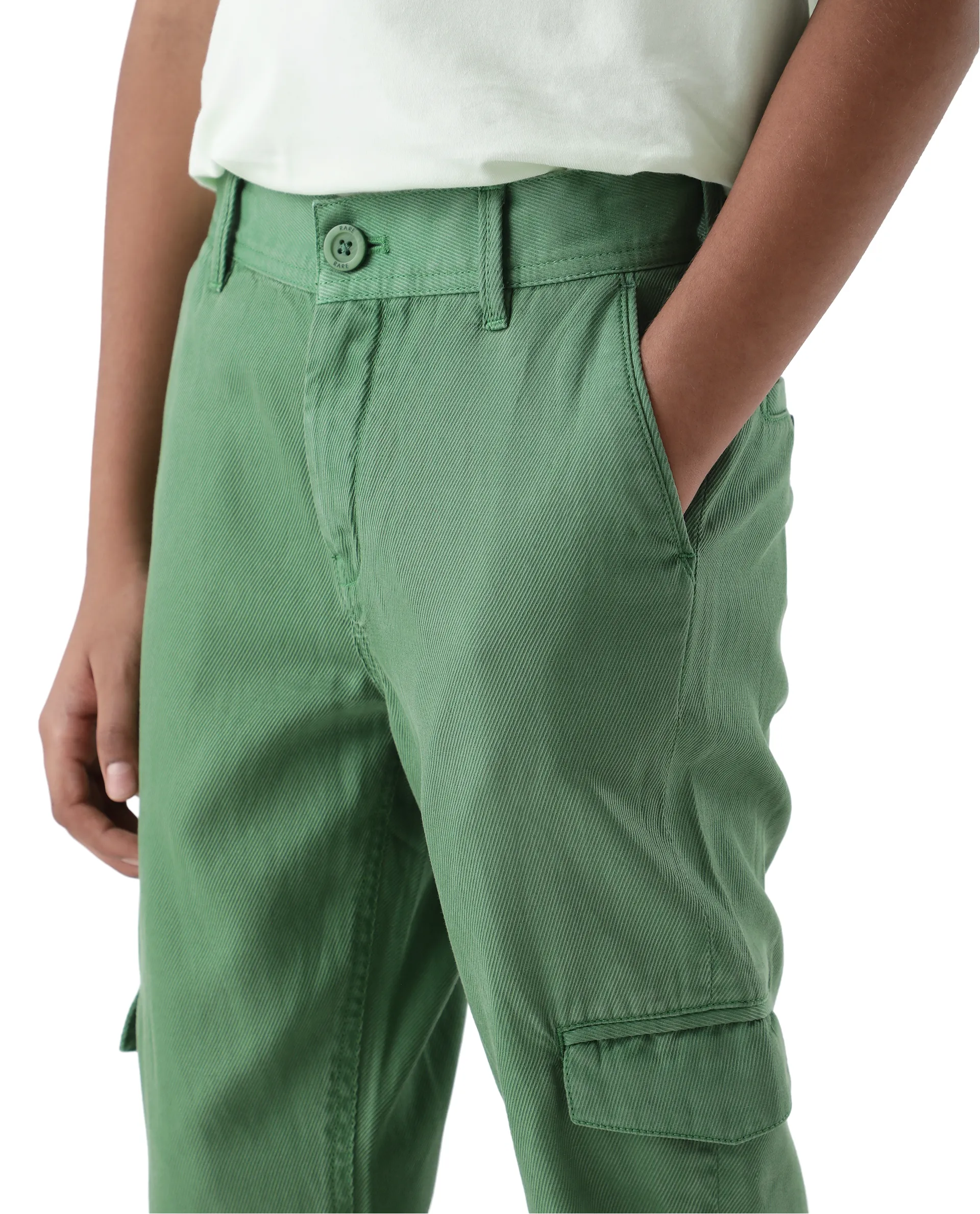 Rare Ones Kids Flat Green Cotton Button And Zip Closure Plain Regular Fit Trouser - Image 5