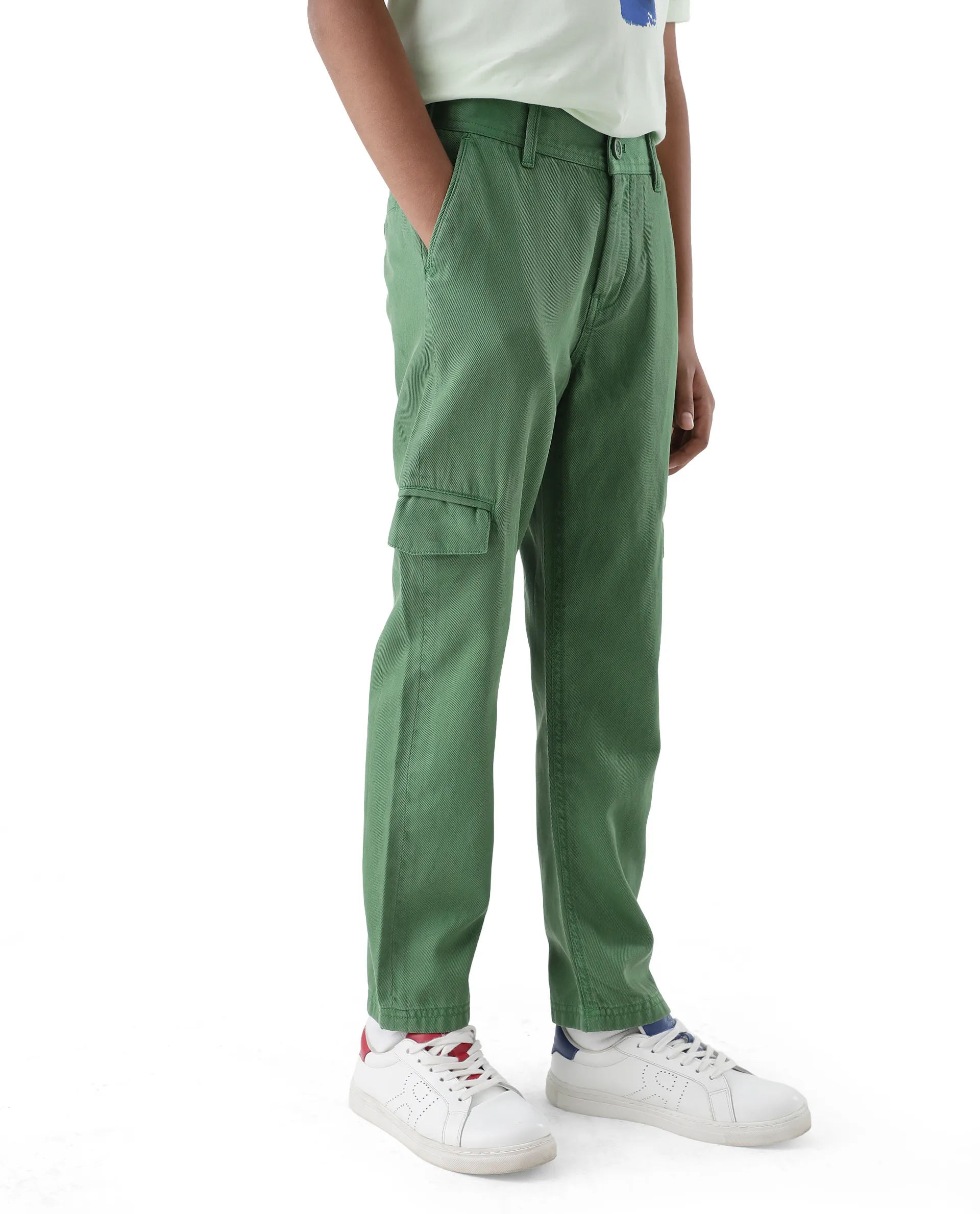 Rare Ones Kids Flat Green Cotton Button And Zip Closure Plain Regular Fit Trouser - Image 6