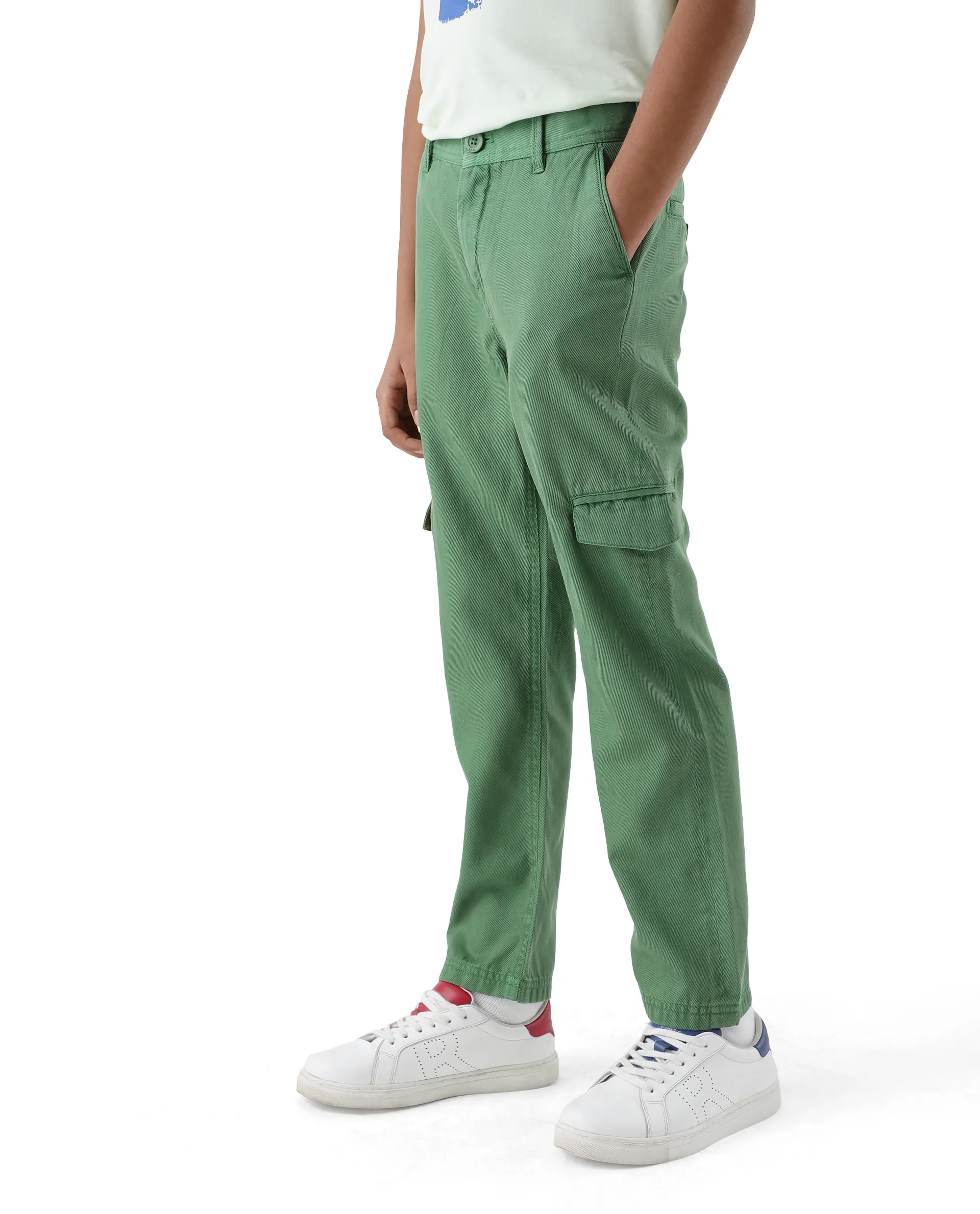 Rare Ones Kids Flat Green Cotton Button And Zip Closure Plain Regular Fit Trouser - Image 7