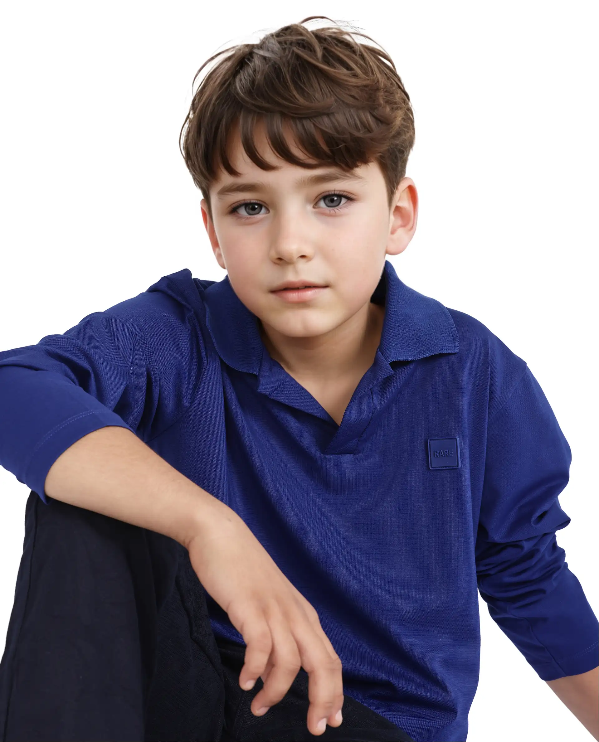 Rare Ones Kids Flit Blue Cotton Blend Full Sleeve Regular Collar Solid Polo