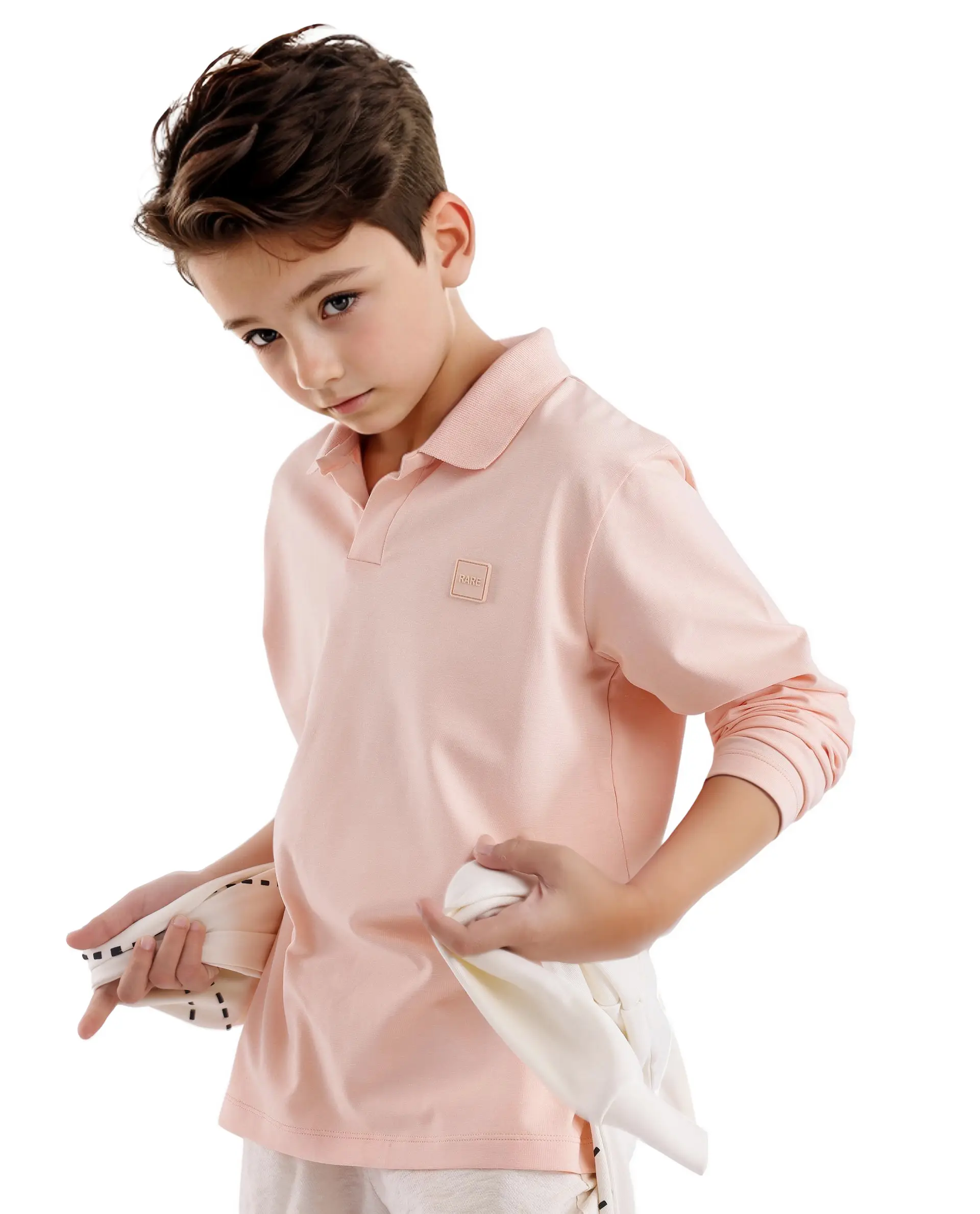 Rare Ones Kids Flit Light Peach Cotton Blend Full Sleeve Polo Neck Solid Polo