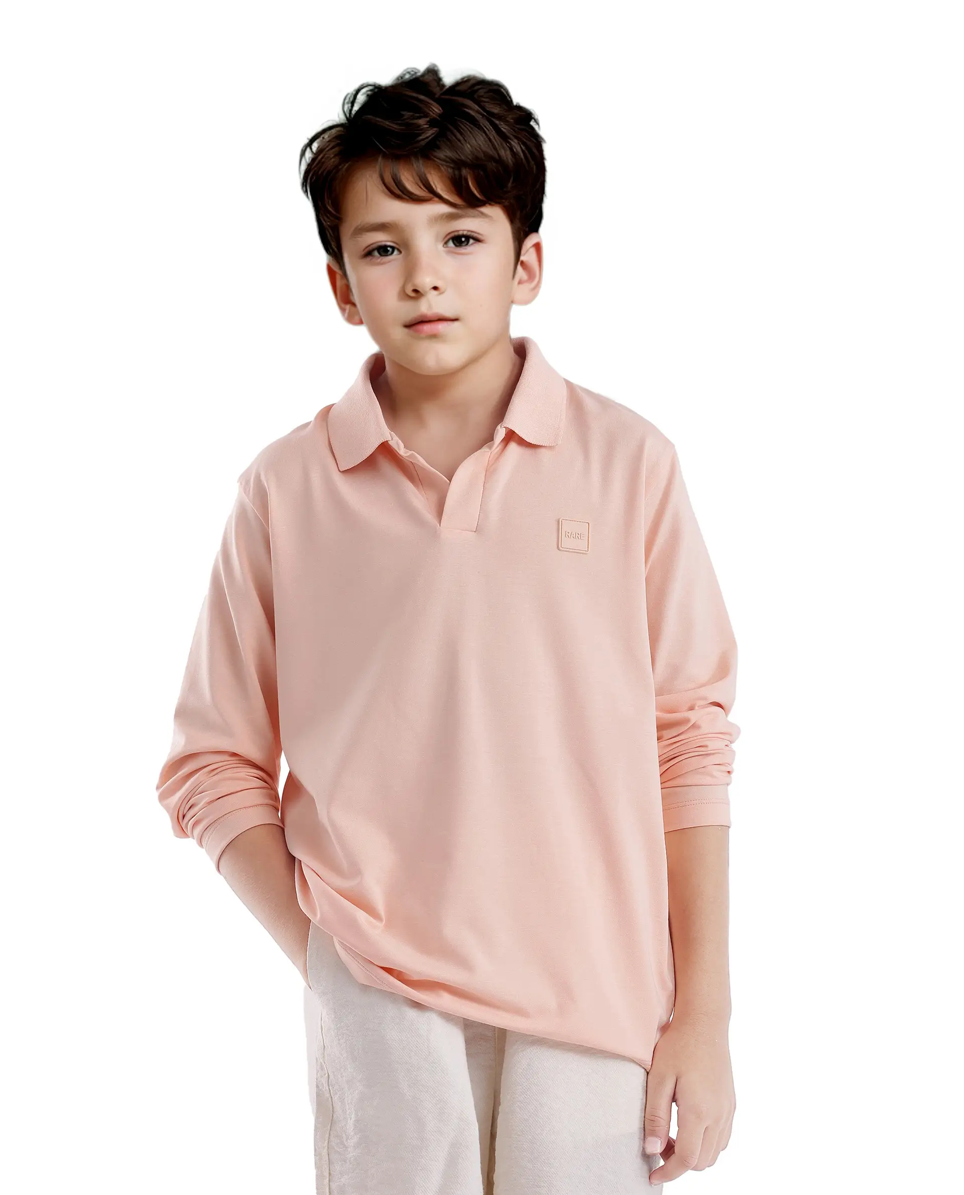 Rare Ones Kids Flit Light Peach Cotton Blend Full Sleeve Polo Neck Solid Polo - Image 3