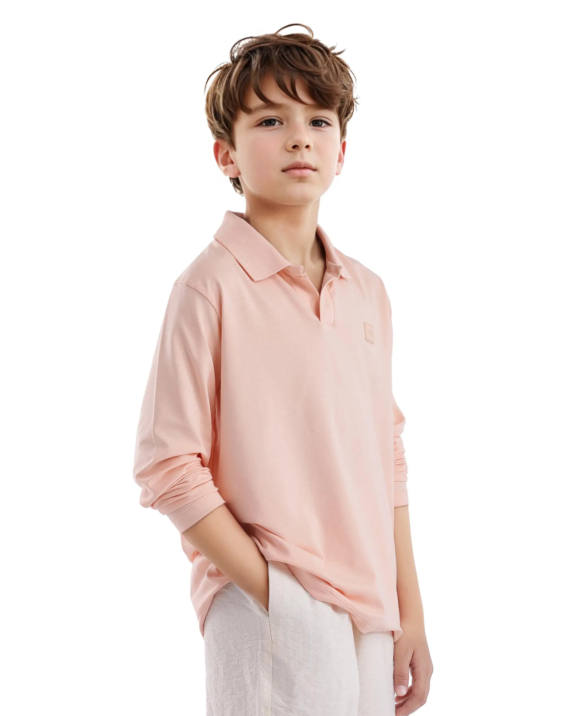 Rare Ones Kids Flit Light Peach Cotton Blend Full Sleeve Polo Neck Solid Polo - Image 4
