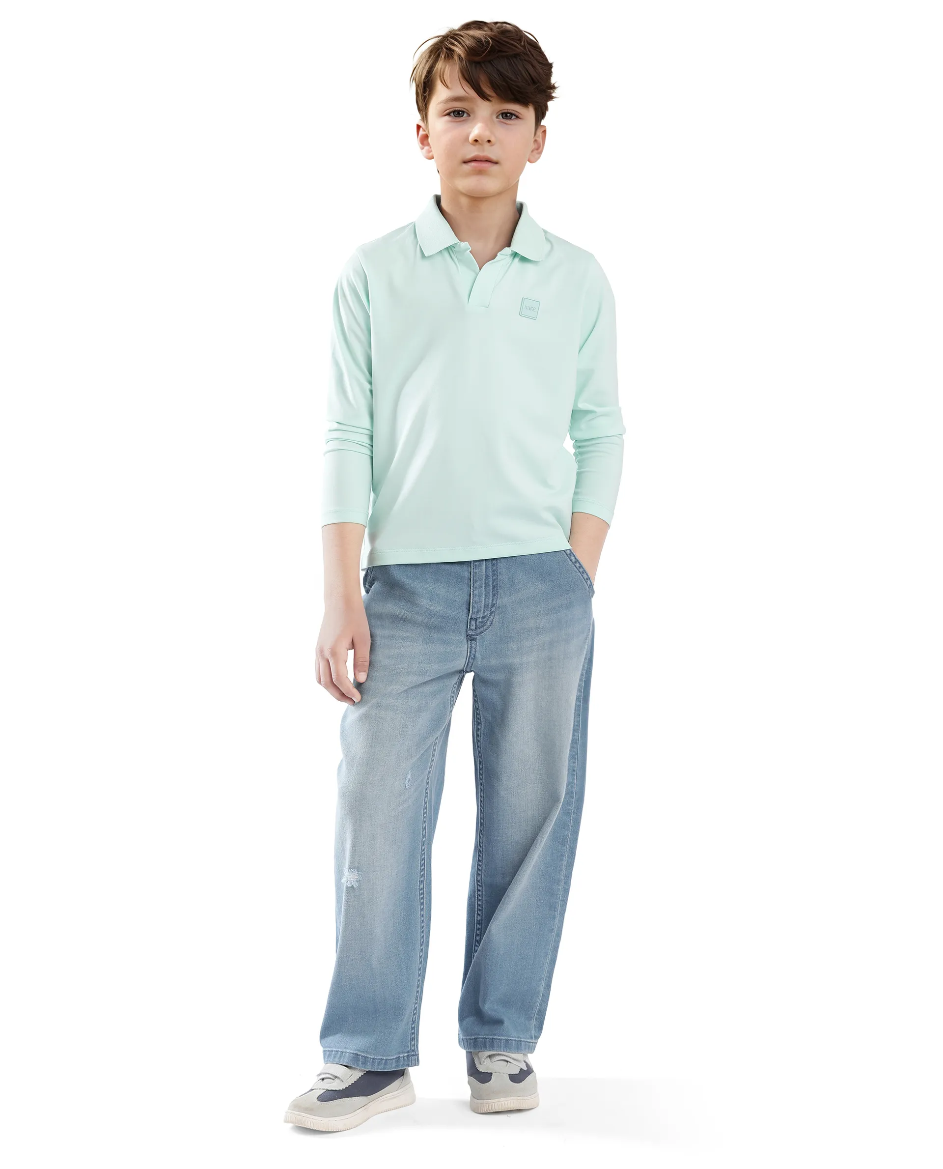 Rare Ones Kids Flit Pastel Green Cotton Blend Full Sleeve Regular Collar Solid Polo - Image 2