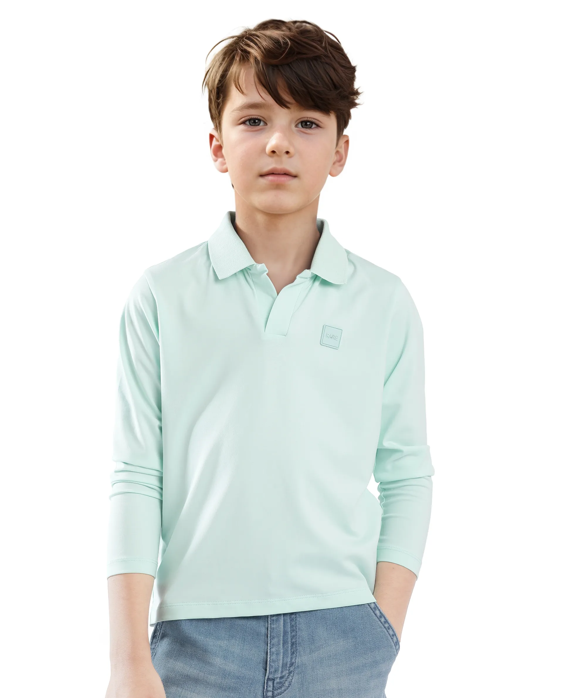 Rare Ones Kids Flit Pastel Green Cotton Blend Full Sleeve Regular Collar Solid Polo - Image 5