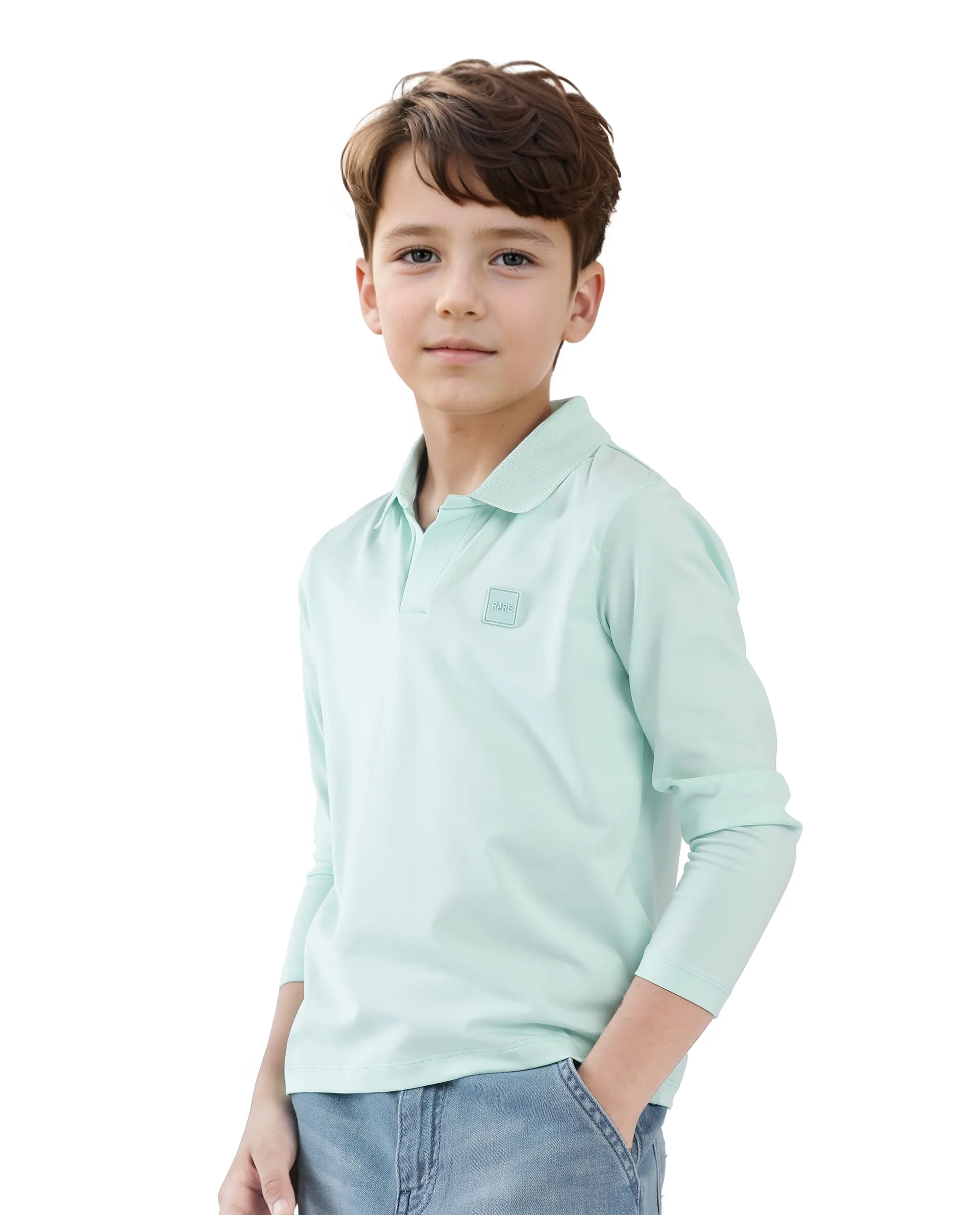 Rare Ones Kids Flit Pastel Green Cotton Blend Full Sleeve Regular Collar Solid Polo - Image 6
