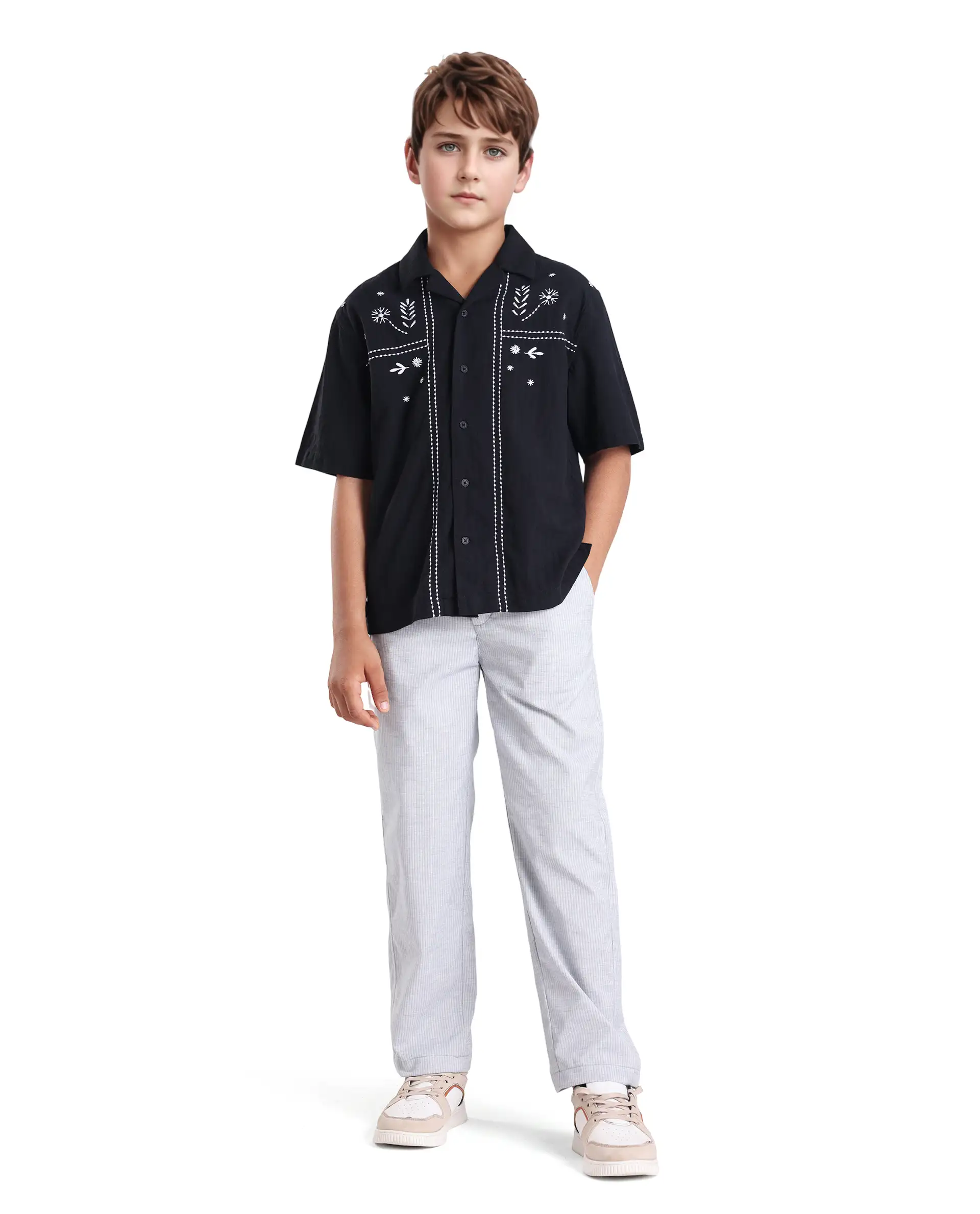 Rare Ones Kids Foke Black Cotton Blend Embroidered Button Closure Regular Fit Shirt - Image 2