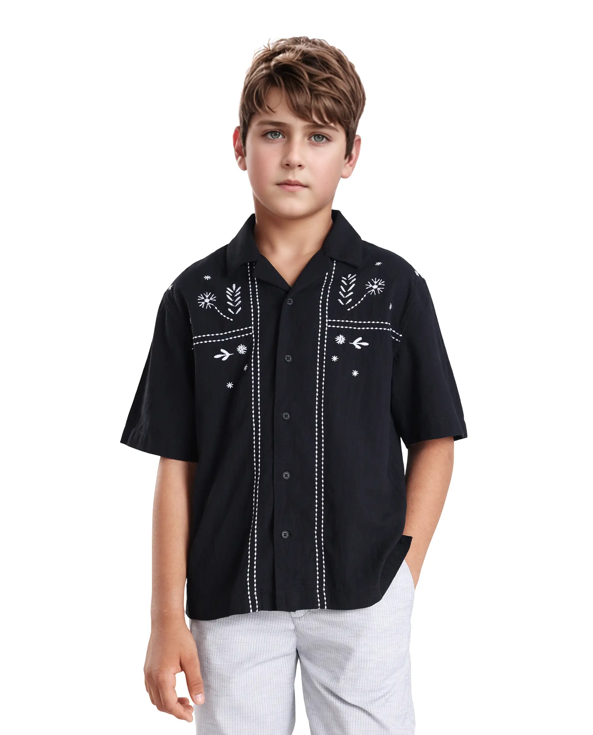 Rare Ones Kids Foke Black Cotton Blend Embroidered Button Closure Regular Fit Shirt - Image 3