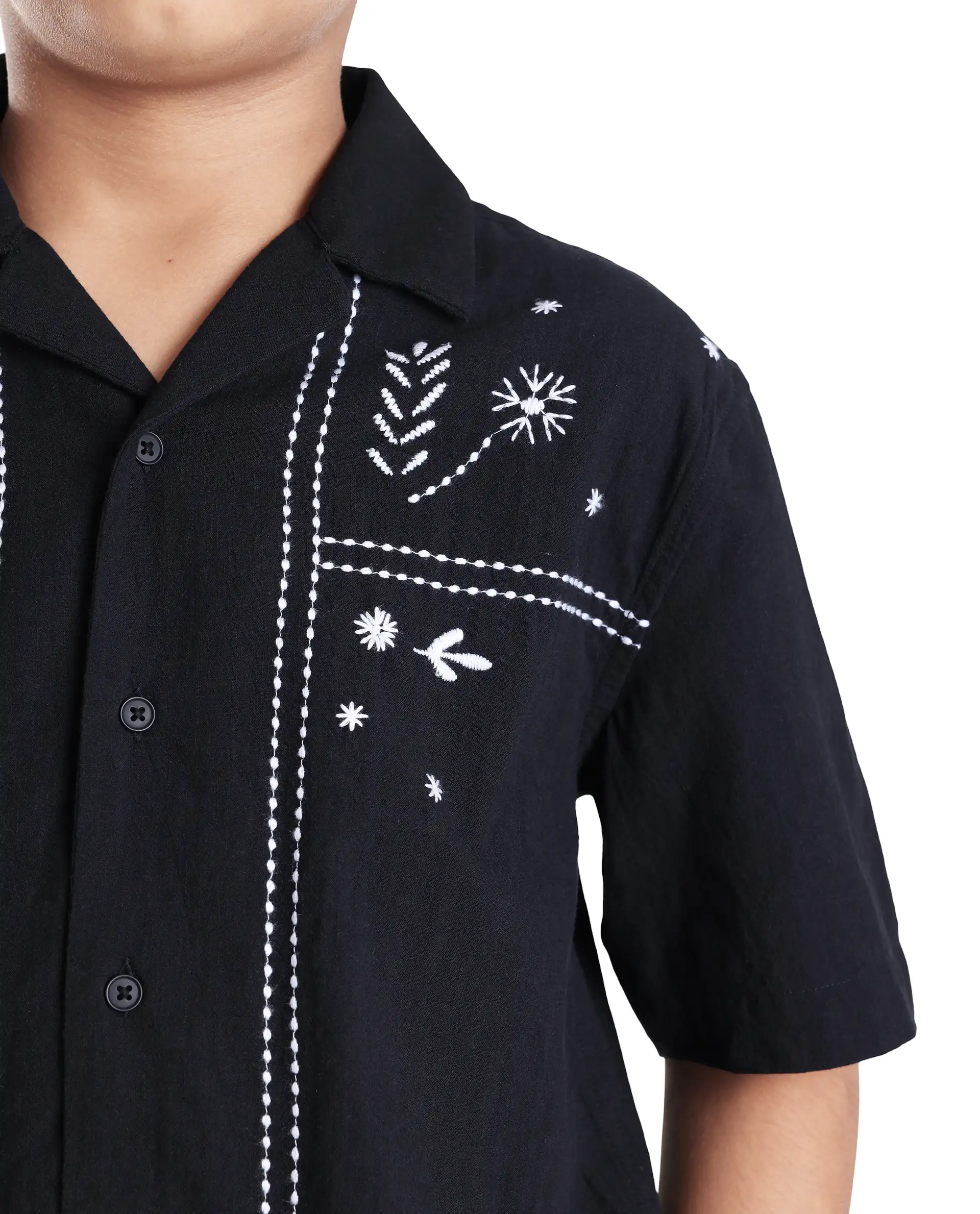 Rare Ones Kids Foke Black Cotton Blend Embroidered Button Closure Regular Fit Shirt - Image 5