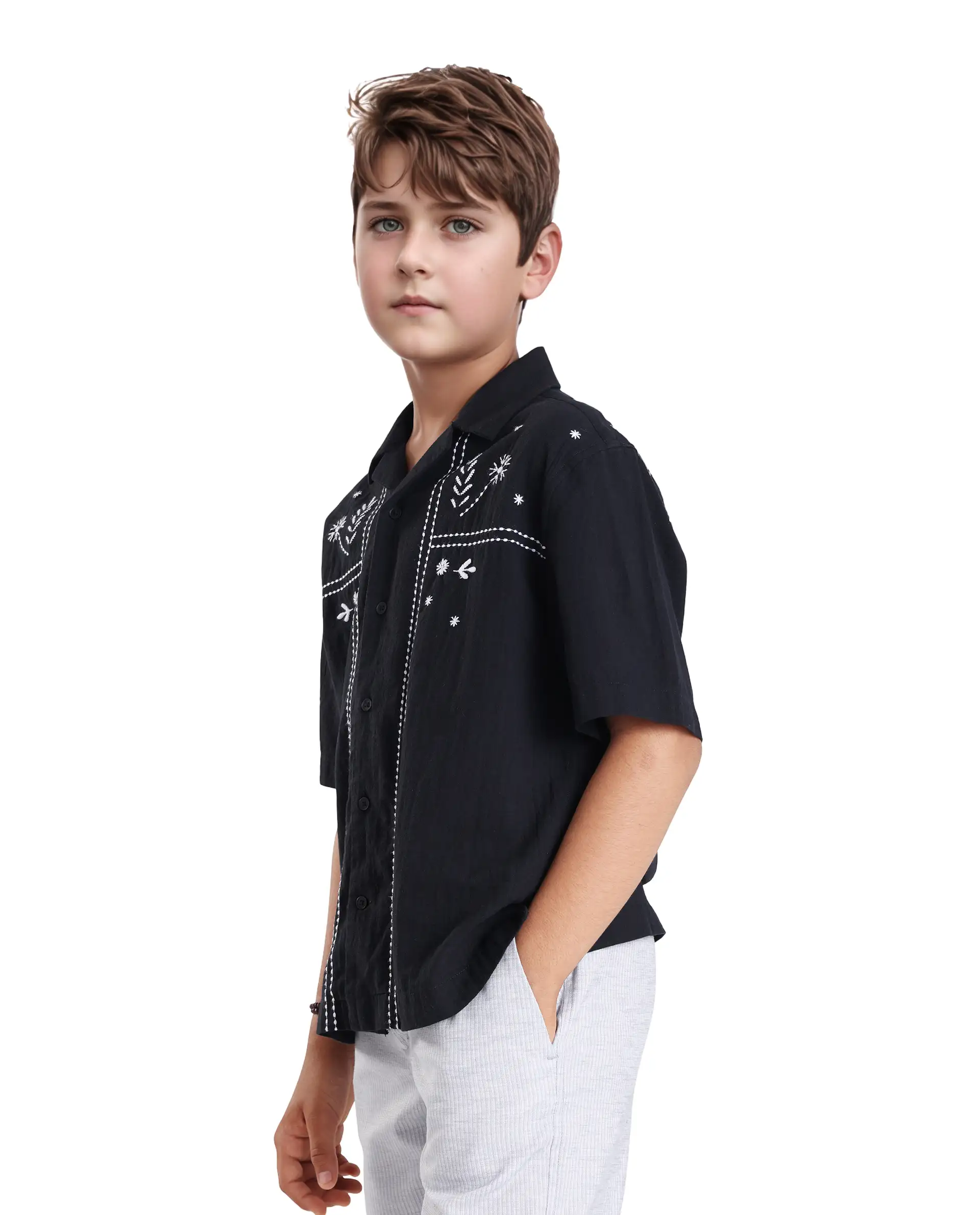 Rare Ones Kids Foke Black Cotton Blend Embroidered Button Closure Regular Fit Shirt - Image 6