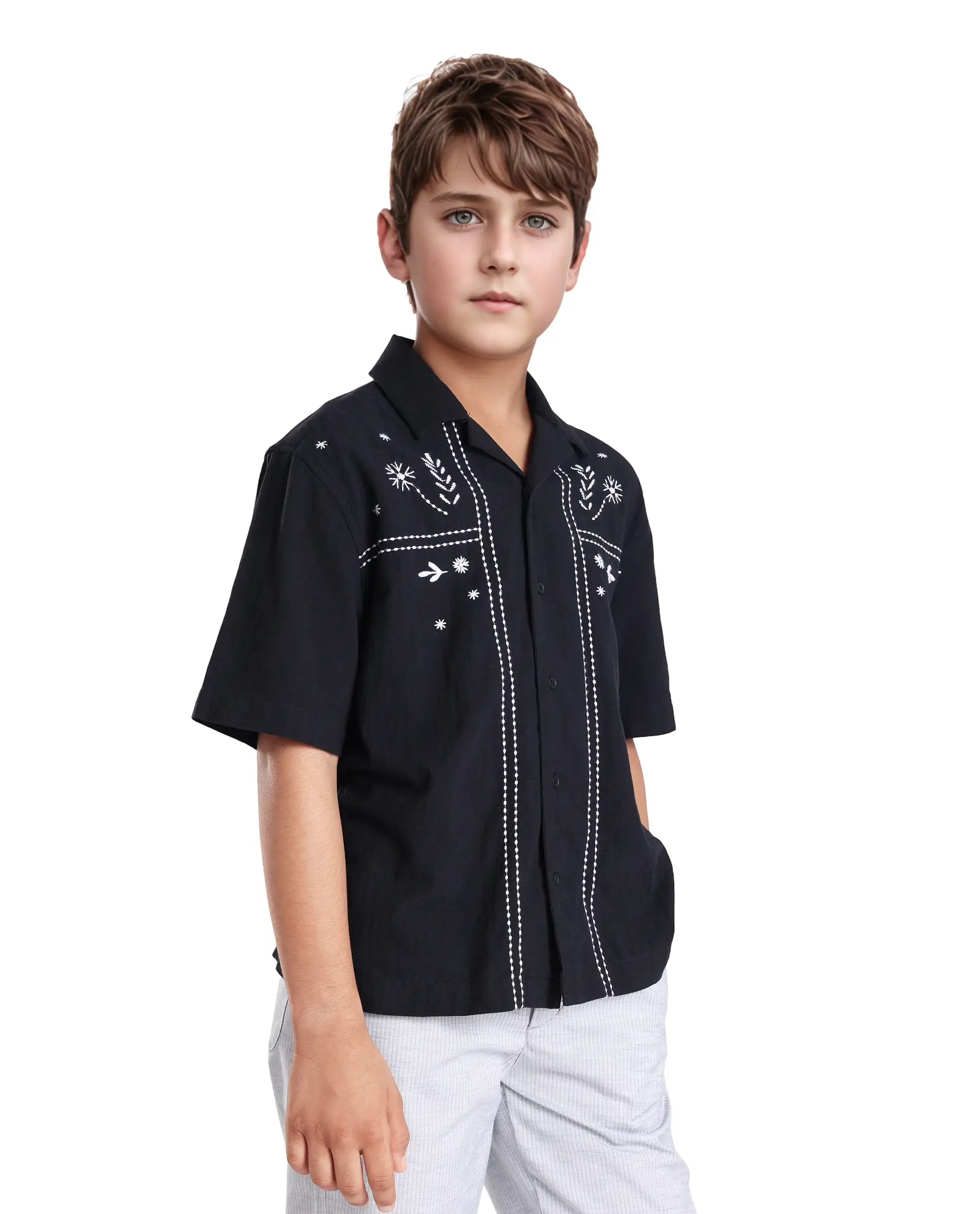 Rare Ones Kids Foke Black Cotton Blend Embroidered Button Closure Regular Fit Shirt - Image 7